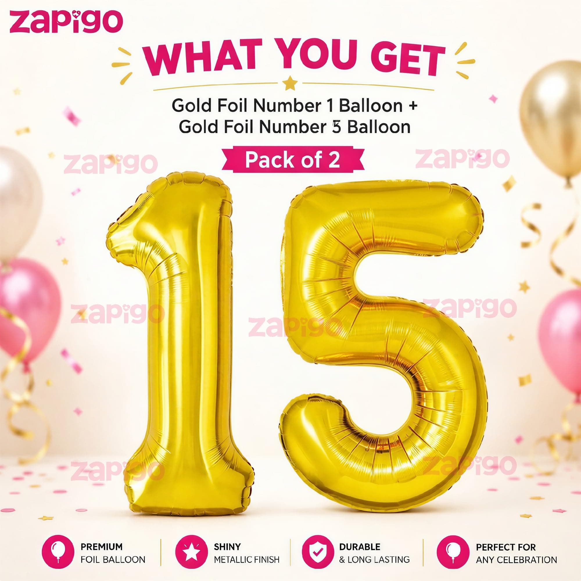 Balloonistics Number 15 Gold Foil Balloon – 17-Inch Metallic '15' Balloon Pack of 2 for 15th Birthday & Teen Milestone Party Decoration thumbnail 2