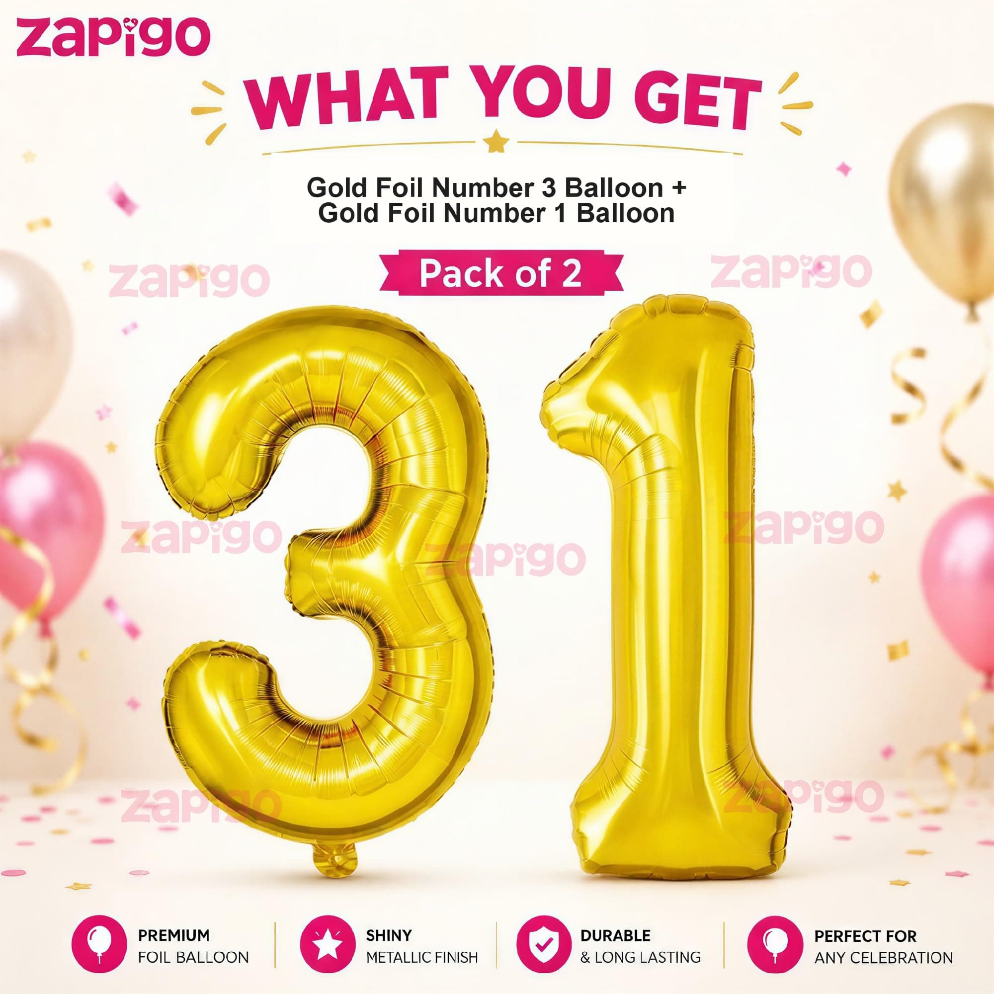 Balloonistics Gold Number 31 Foil Balloon – Large Metallic Gold Number Thirty One Balloon for 31st Birthday, Anniversary & Party Decorations (31) thumbnail 2