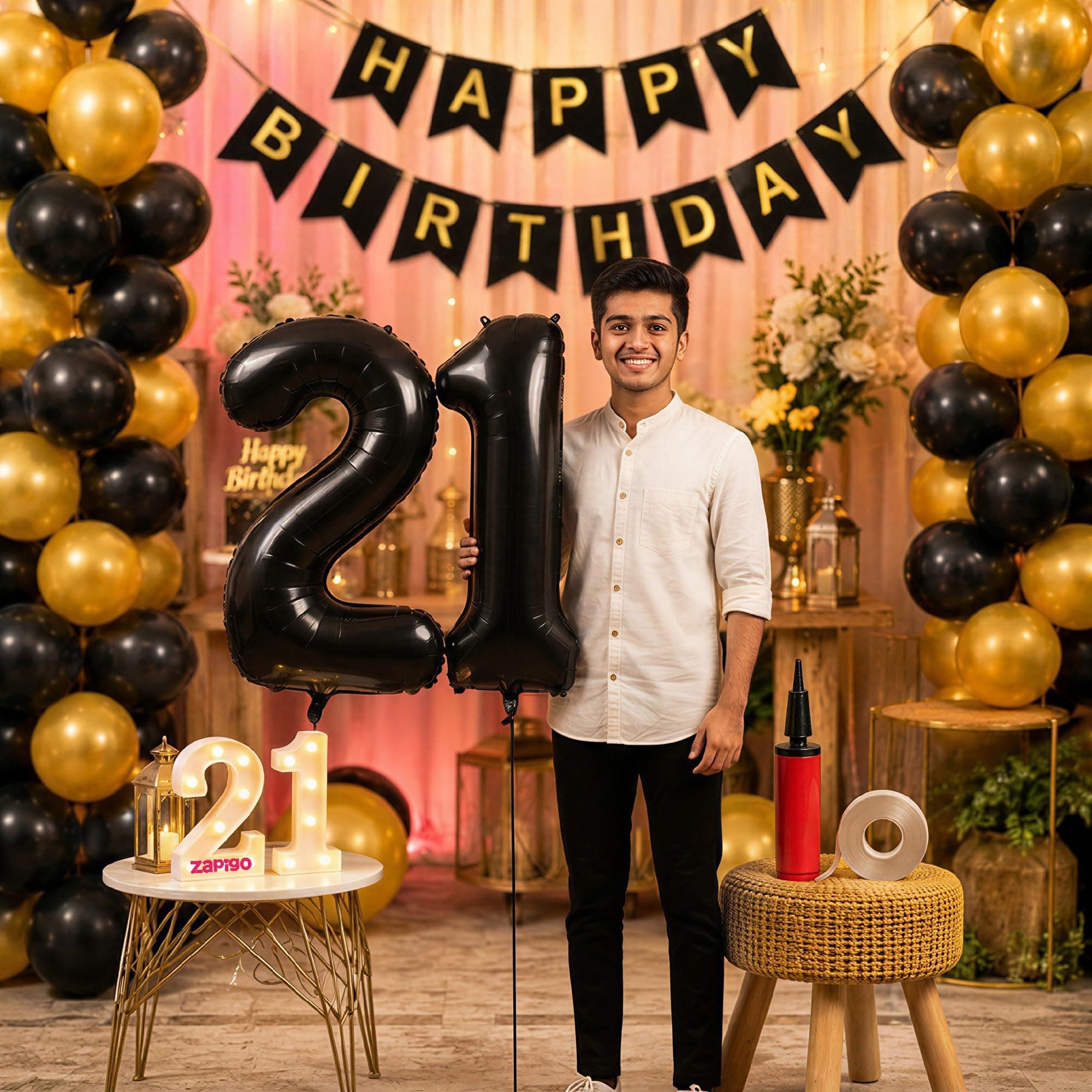 Balloonistics 21st Birthday Decoration Combo Kit - 40 Inch Black Foil Number Balloon, LED Marquee Light, 50 Black & Gold Balloons, Happy Birthday Banner, Balloon Pump & Glue Dots thumbnail 1