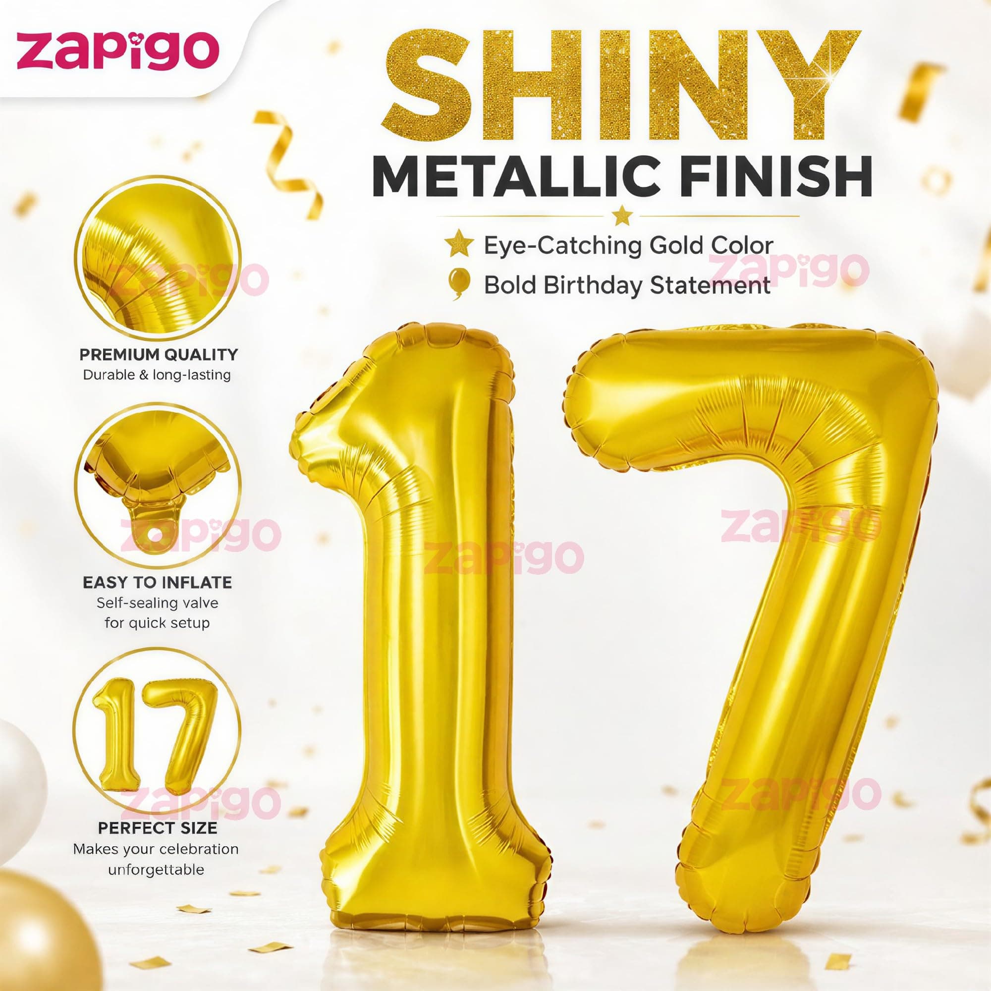 Balloonistics Number 17 Gold Foil Balloon – 17-Inch Metallic Gold “17” Balloon for 17th Birthday & Teen Party Decorations (Gold, Pack of 2) thumbnail 6