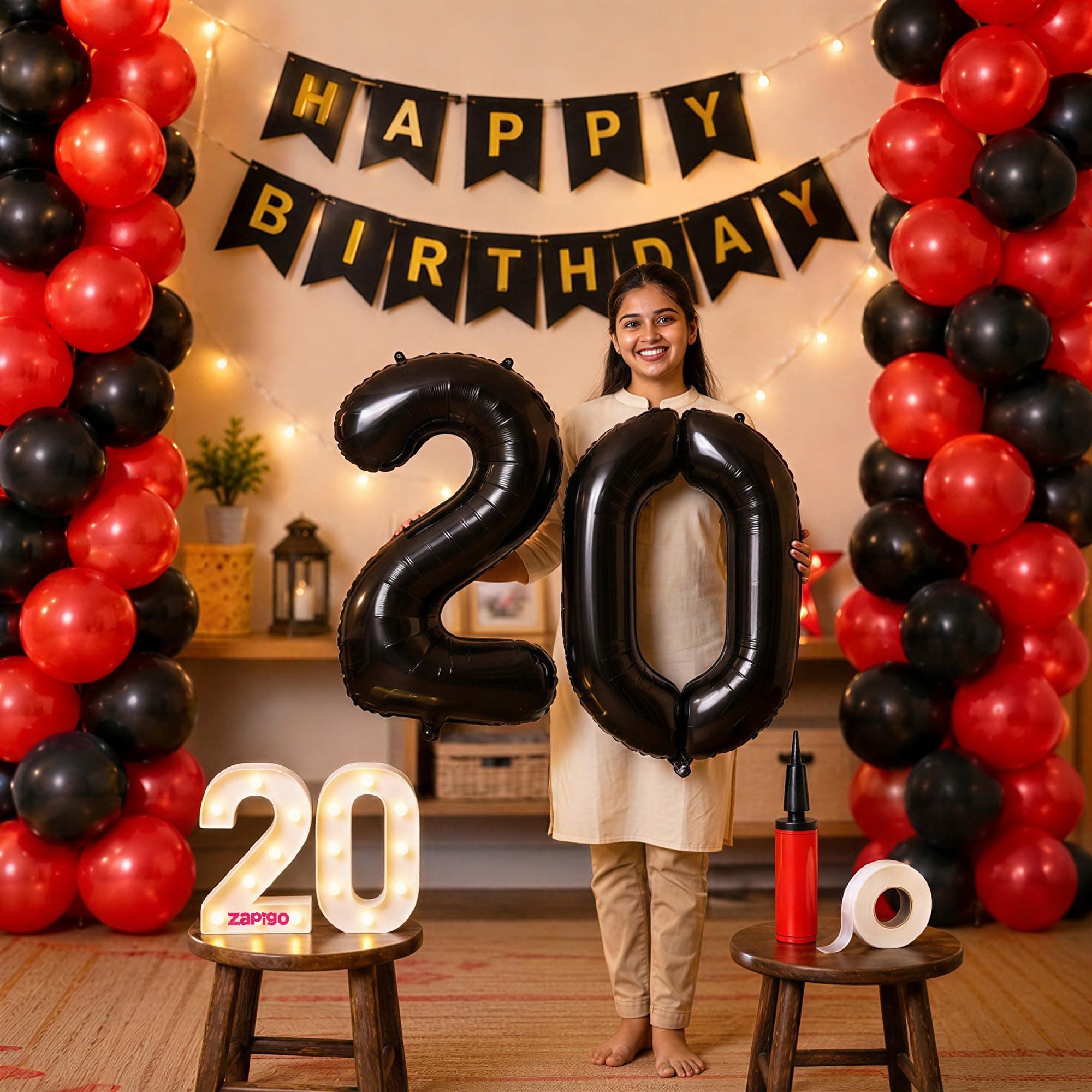 Balloonistics 20th Birthday Decoration Combo Kit - 40 Inch Black Foil Number Balloon, LED Marquee Light, 50 Black & Red Balloons, Happy Birthday Banner, Balloon Pump & Glue Dots thumbnail 1