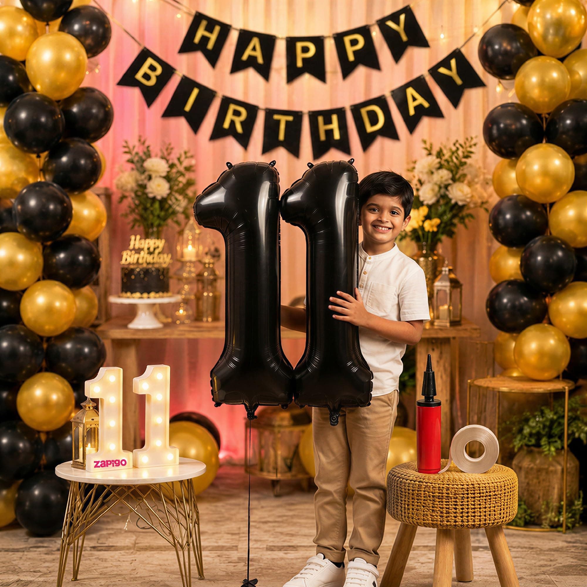 Balloonistics 11th Birthday Decoration Combo Kit - 40 Inch Black Foil Number Balloon, LED Marquee Light, 50 Black & Gold Balloons, Happy Birthday Banner, Balloon Pump & Glue Dots thumbnail 1