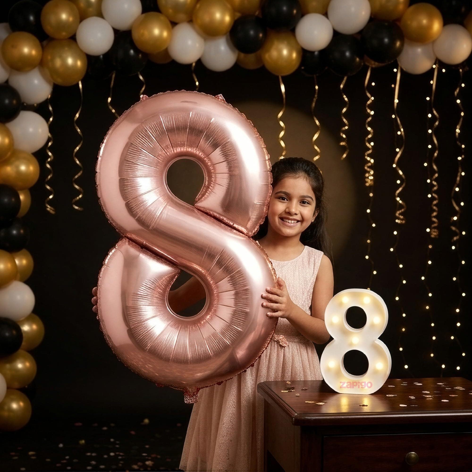 Balloonistics Rose Gold 40-Inch Foil Number 8 Balloon with Matching LED Marquee Light - Combo Set for 8th Birthday, Anniversary, Party Decoration, Photo Booth Backdrop thumbnail 1