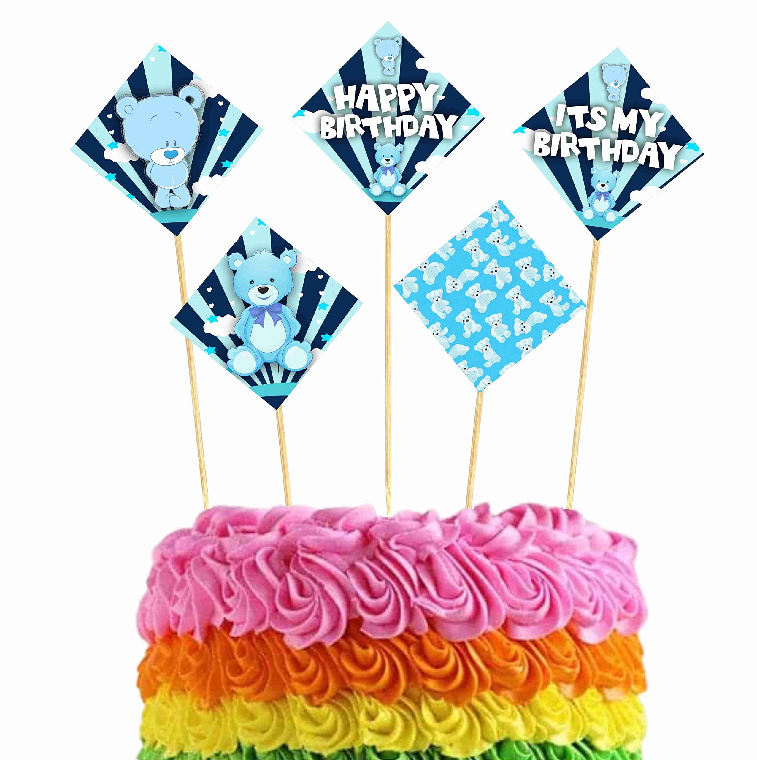 Balloonistics Blue Teddy Bear Happy Birthday Cake Toppers - Pack of 10 Premium Cardstock Cake Decorations - Double-Sided Cuddly Bear Theme Toppers with Bamboo Sticks for Boys’ Birthdays & Kids' Parties (Cake Topper - Pack of 10)