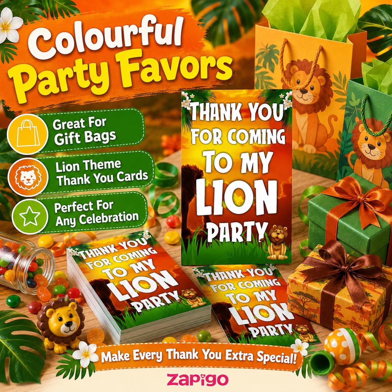 Balloonistics Lion Theme Thank You Cards - Pack of 20 Roaring Jungle Safari Appreciation Notes - Premium Cardstock "King of the Jungle" Stationery, Wild One Zoo Birthday Party Favors for Kids (Thank you Cards - Pack of 20) thumbnail 3