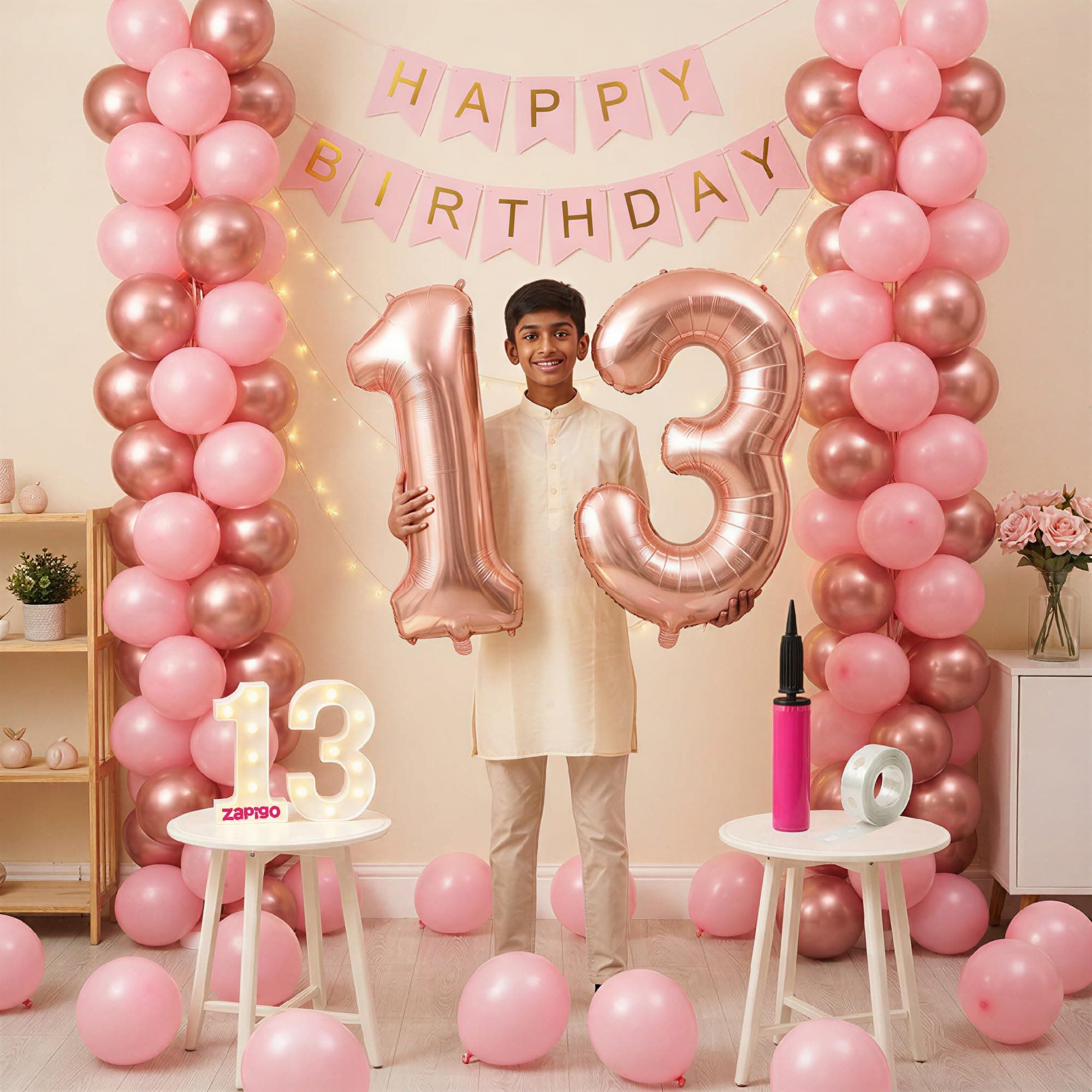 Balloonistics 13th Birthday Decoration Combo Kit - 40 Inch Rose Gold Foil Number Balloon, LED Marquee Light, 50 Rose Gold & Pink Balloons, Happy Birthday Banner, Balloon Pump & Glue Dots