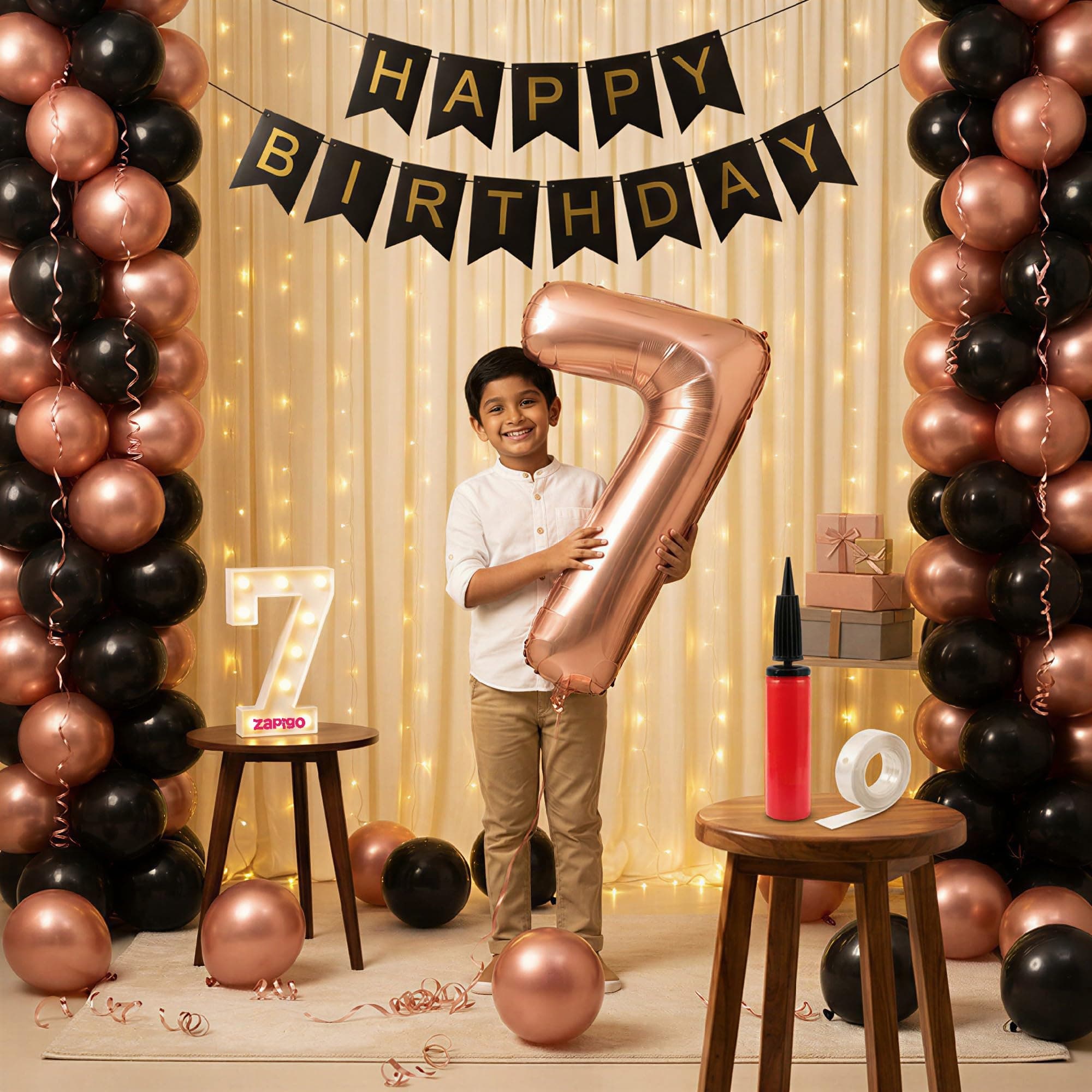 Balloonistics 7th Birthday Decoration Combo Kit - 40 Inch Rose Gold Foil Number Balloon, LED Marquee Light, 50 Rose Gold & Black Balloons, Happy Birthday Banner, Balloon Pump & Glue Dots