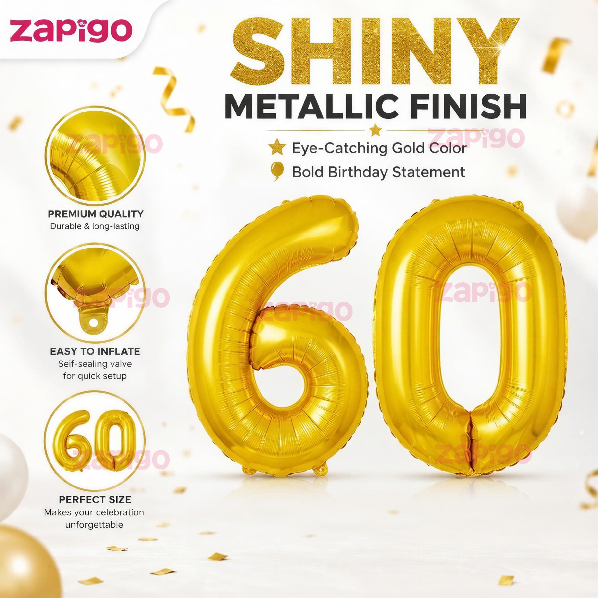 Balloonistics Gold Number 60 Foil Balloon – Large Metallic Gold Number Sixty Balloon for 60th Birthday, Diamond Anniversary & Six-Decade Milestone Party Decorations (Gold, Number 60) thumbnail 6