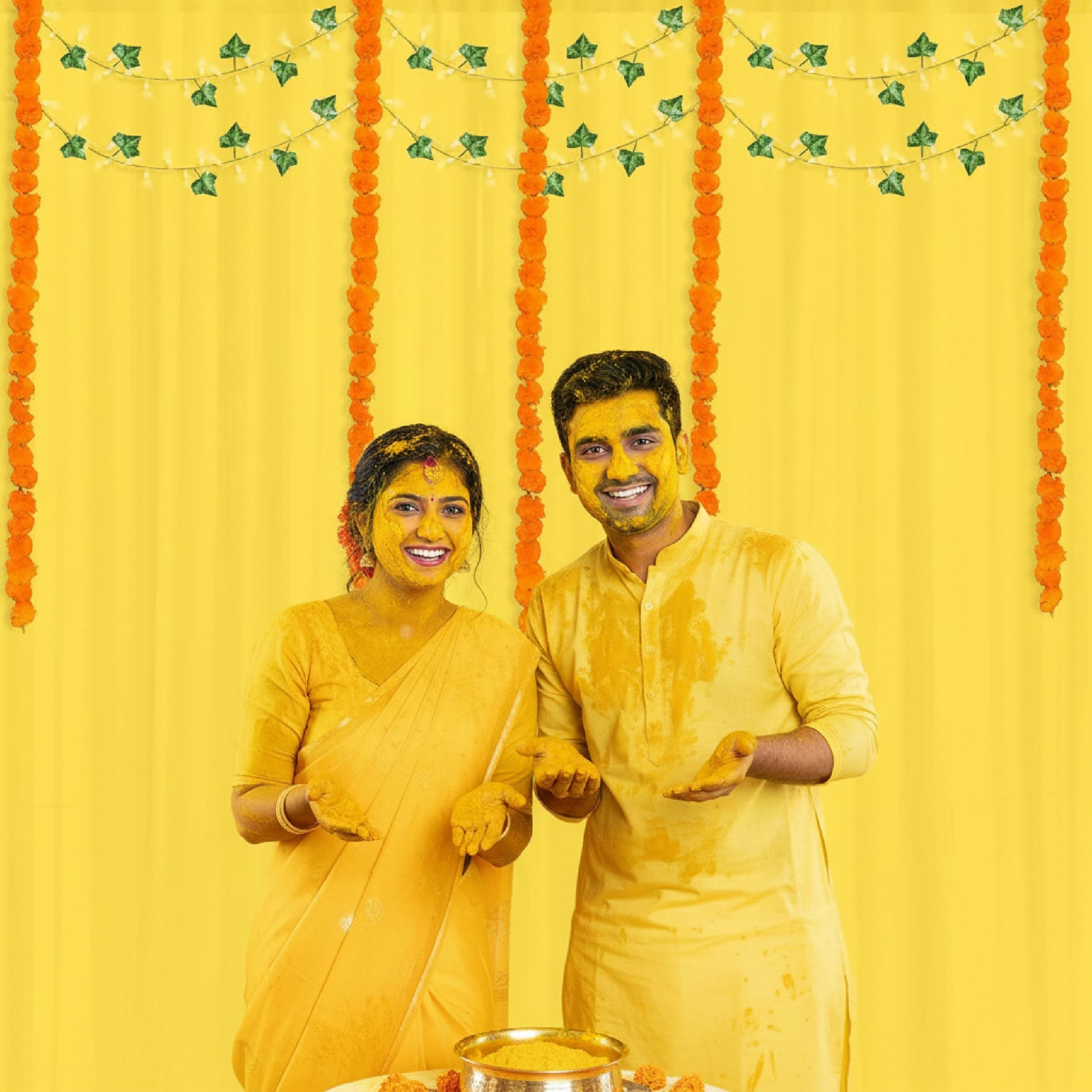 Balloonistics 13 Pcs Haldi & Mehendi Decoration Kit – Vibrant Yellow Backdrop Curtains with Marigold Garlands, Money Plant Vines & Easy Install Hooks – DIY Home Celebration Set thumbnail 7