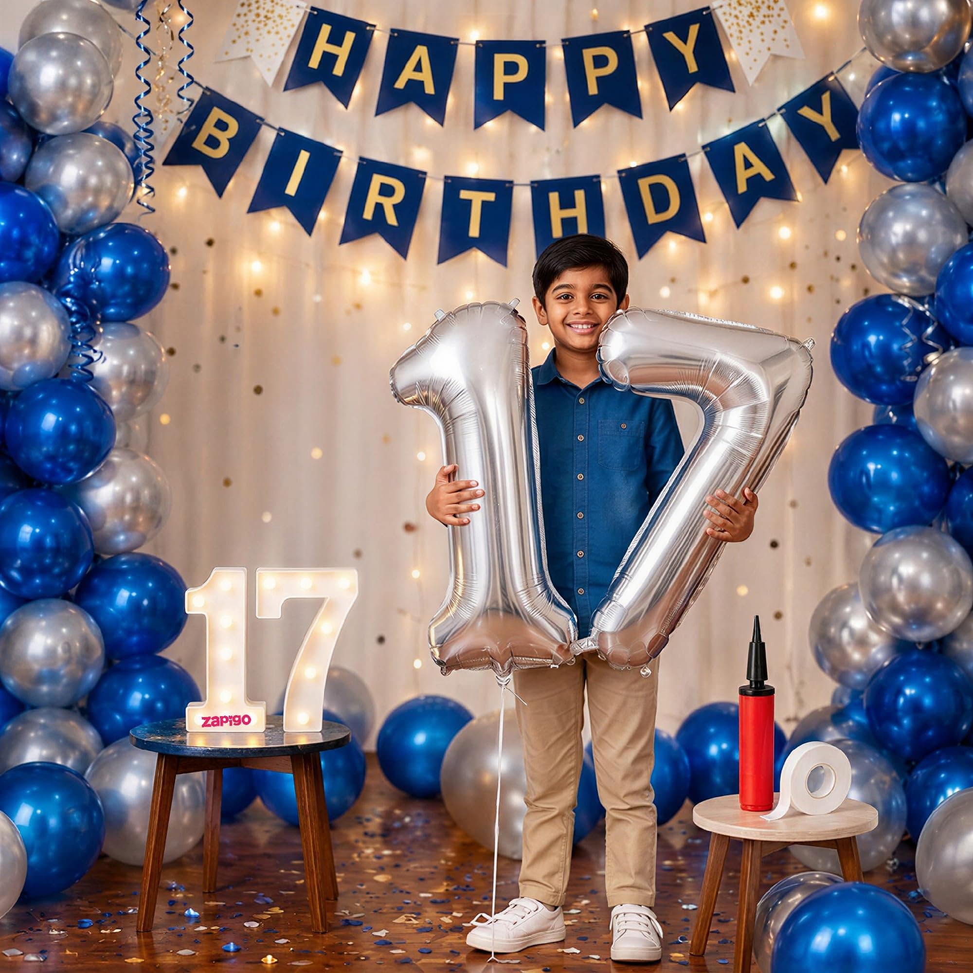 Balloonistics 17th Birthday Decoration Combo Kit - 40 Inch Silver Foil Number Balloon, LED Marquee Light, 50 Silver & Blue Balloons, Happy Birthday Banner, Balloon Pump & Glue Dots