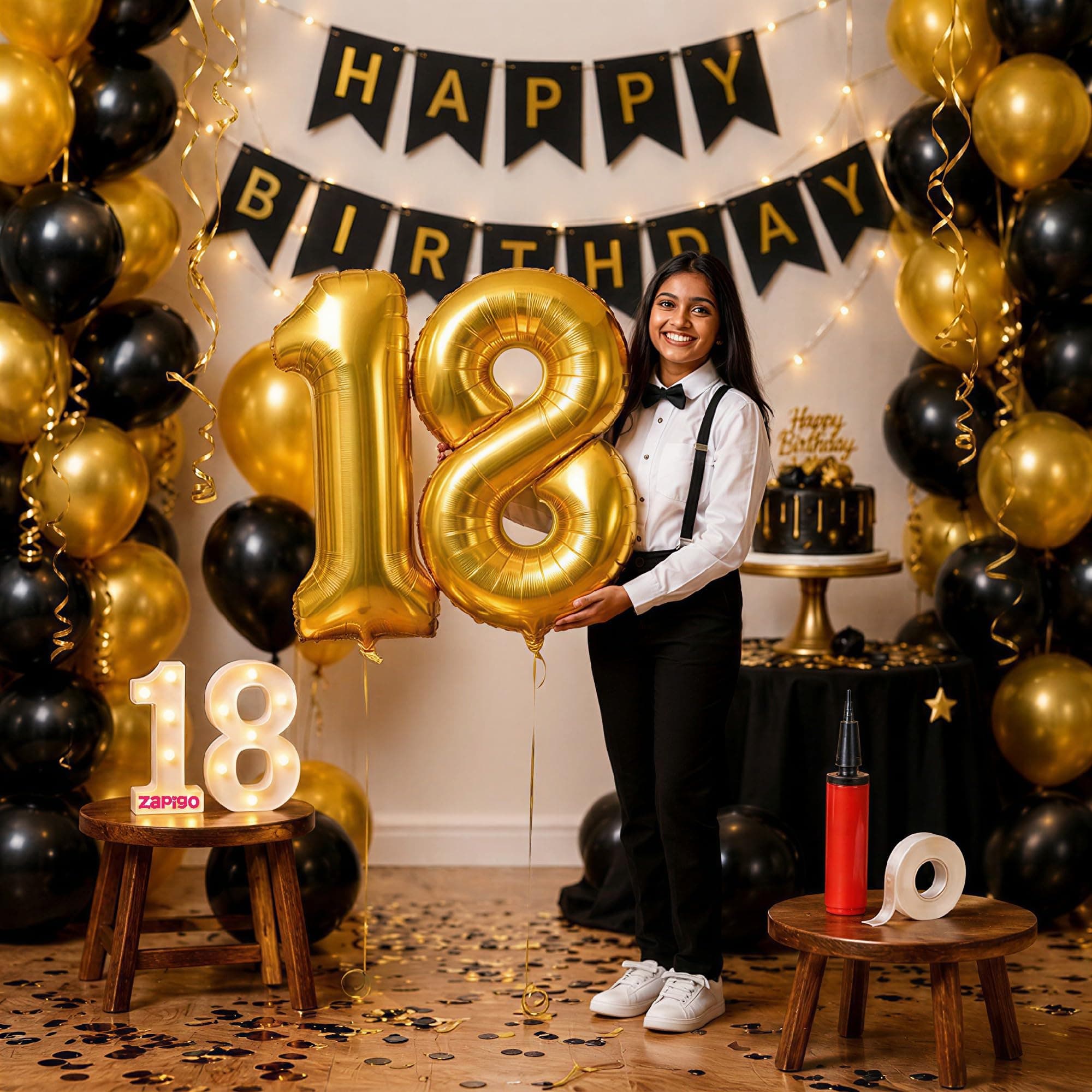 Balloonistics 18th Birthday Decoration Combo Kit - 40 Inch Gold Foil Number Balloon, LED Marquee Light, 50 Black & Gold Balloons, Happy Birthday Banner, Balloon Pump & Glue Dots