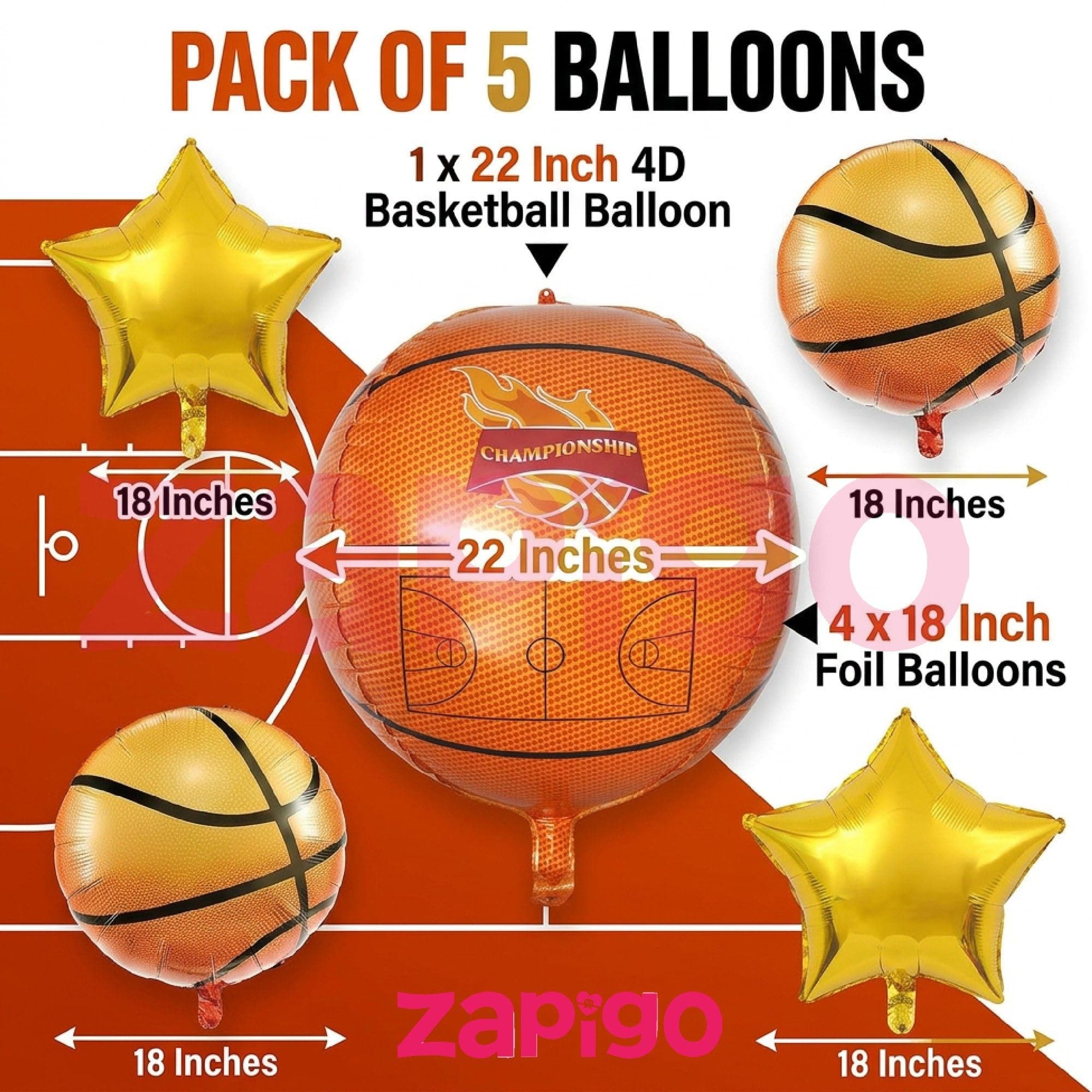 Balloonistics Basketball Theme Happy Birthday Balloon Bouquet Pack Of 5 thumbnail 2