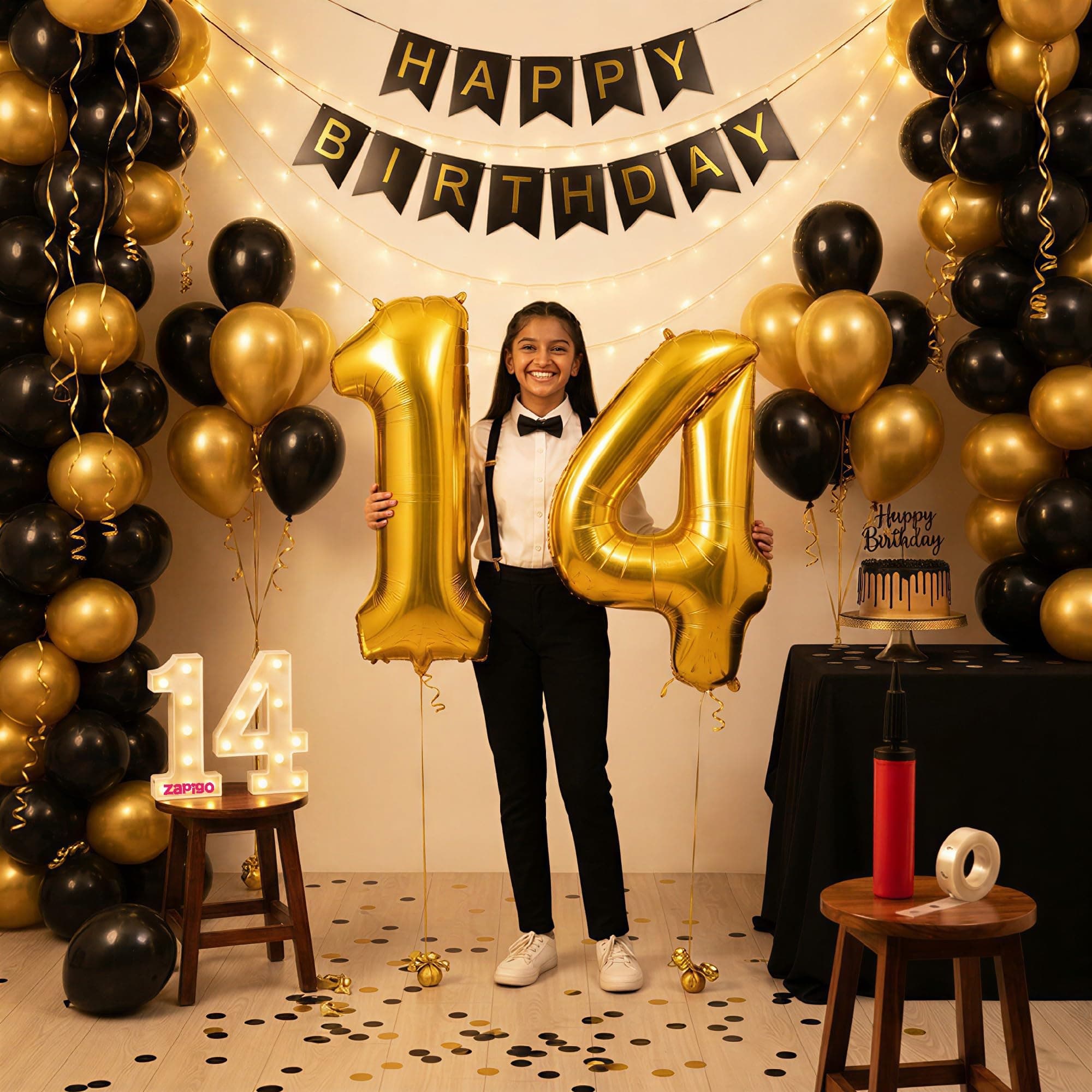 Balloonistics 14th Birthday Decoration Combo Kit - 40 Inch Gold Foil Number Balloon, LED Marquee Light, 50 Black & Gold Balloons, Happy Birthday Banner, Balloon Pump & Glue Dots thumbnail 1