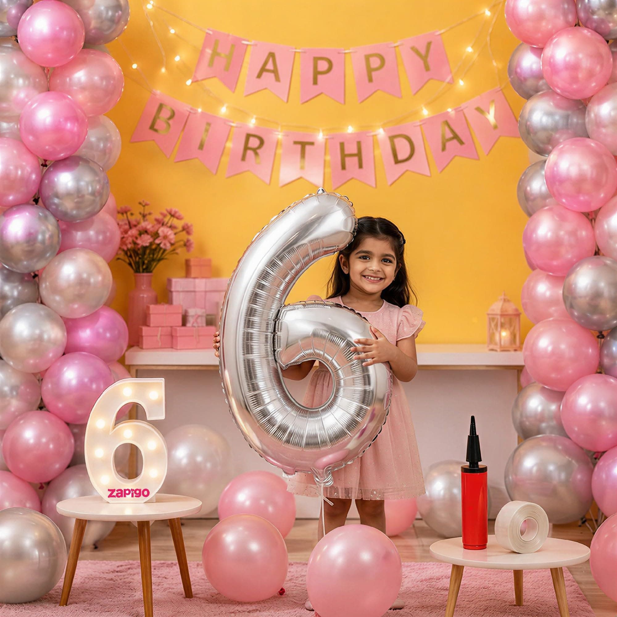 Balloonistics 6th Birthday Decoration Combo Kit - 40 Inch Silver Foil Number Balloon, LED Marquee Light, 50 Silver & Pink Balloons, Happy Birthday Banner, Balloon Pump & Glue Dots thumbnail 1