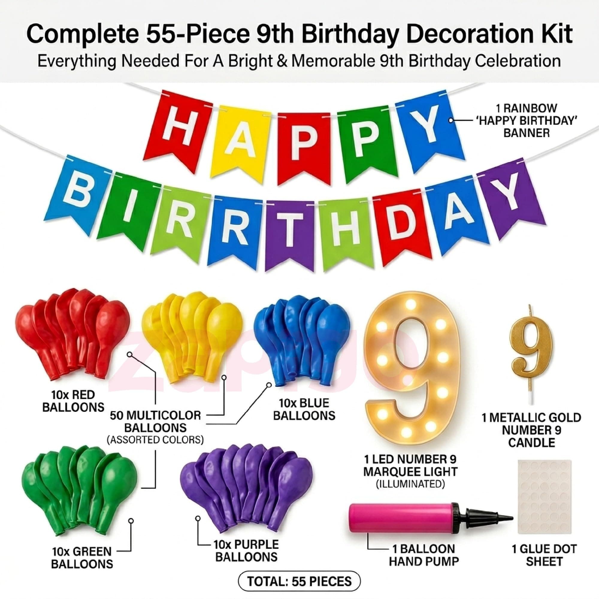 Balloonistics 55-Piece 9th Birthday Decoration Kit – Number 9 Foil Balloon, Happy Birthday Banner, Latex Balloons & Arch Tools for Party Room Decor, Balloon Arch, Photo Booth Backdrop thumbnail 6