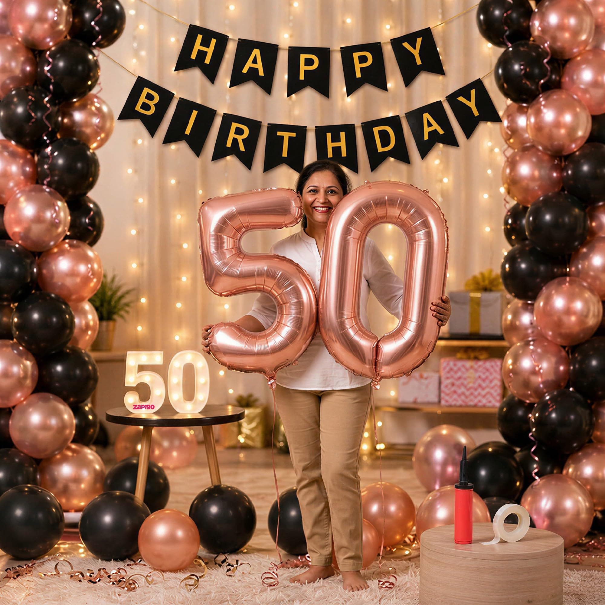 Balloonistics 50th Birthday Decoration Combo Kit - 40 Inch Rose Gold Foil Number Balloon, LED Marquee Light, 50 Rose Gold & Black Balloons, Happy Birthday Banner, Balloon Pump & Glue Dots thumbnail 1