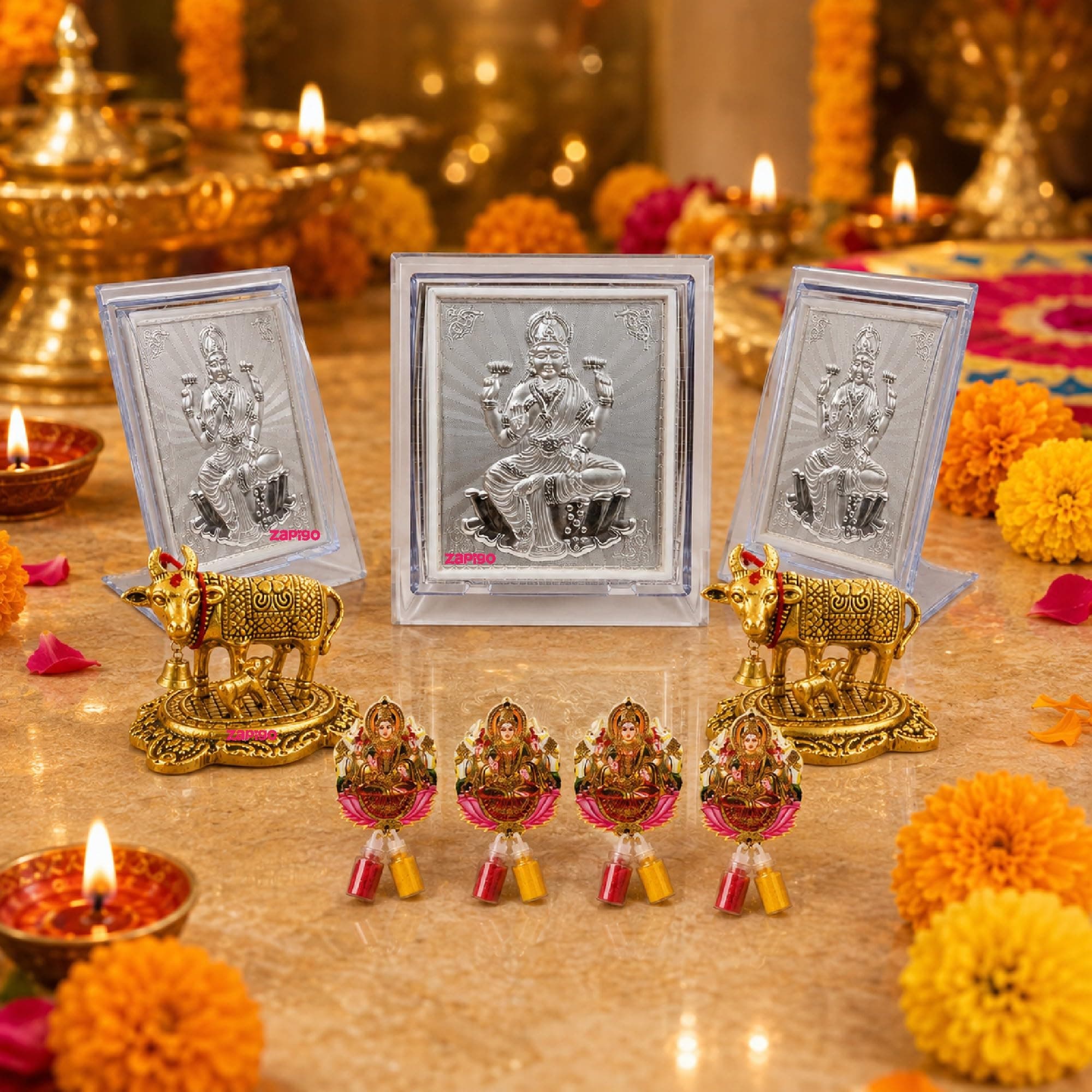 Habba Lakshmi Frame with Silver-Finish Stand, Lakshmi Kumkum Set & Gold Cow Statue, Traditional Haldi Kumkum Tambulam Hamper for Varalakshmi Vratham, Deepavali & Weddings, Pack of 5 thumbnail 1