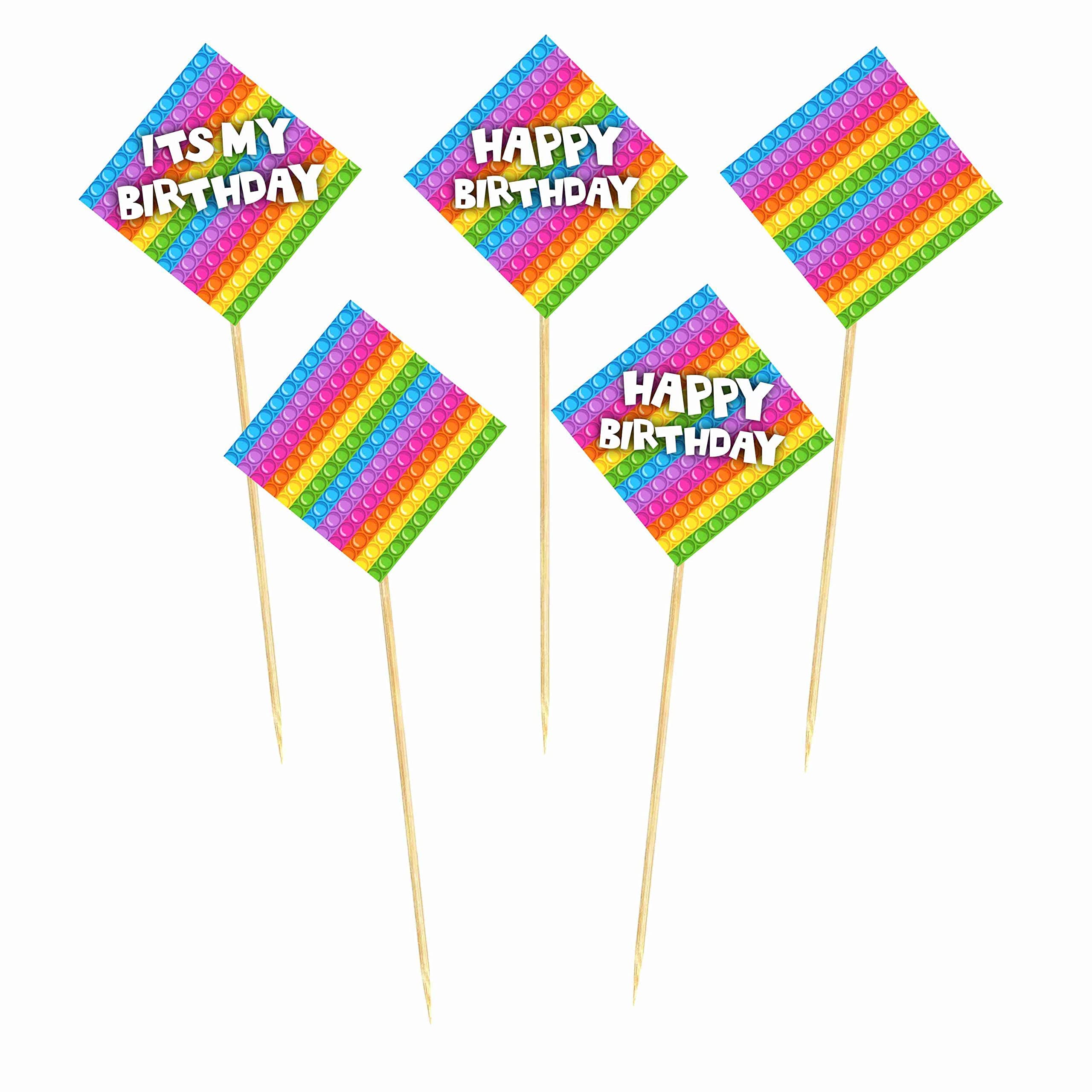 Balloonistics Pop It Theme Happy Birthday Cake Topper - Vibrant Cardstock Cupcake & Cake Decorations with Bamboo Sticks - Sensory Fidget Toy for Kids Birthdays & Events (Cake Topper - Pack of 10) thumbnail 2