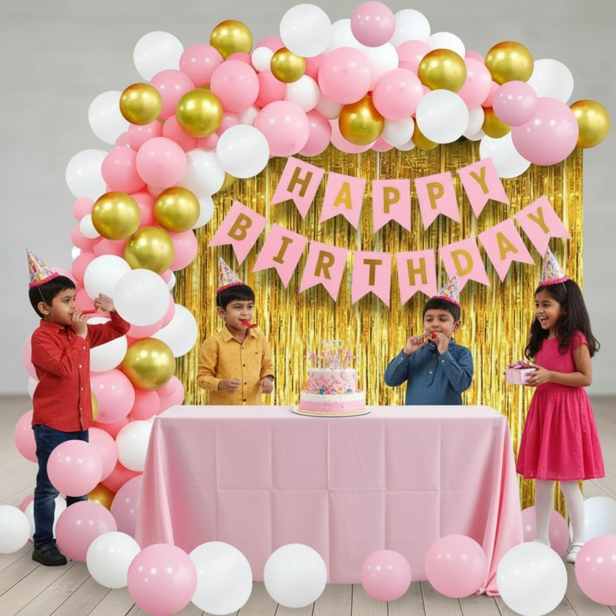 Balloonistics 93 Pcs Pink & Gold Birthday Decoration Kit for Girls & Women – Includes Happy Birthday Banner, 2 Gold Fringe Curtains, Pink Metallic Balloons & Arch Tools thumbnail 1