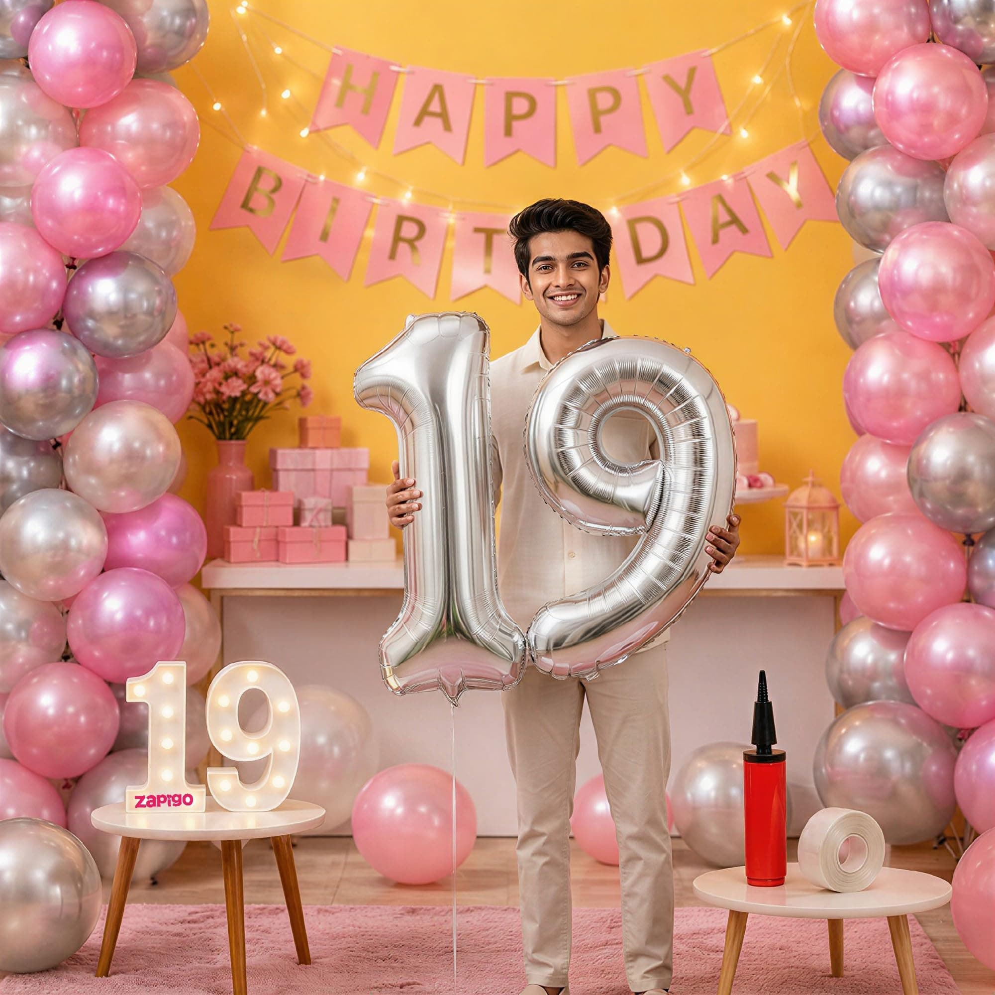 Balloonistics 19th Birthday Decoration Combo Kit - 40 Inch Silver Foil Number Balloon, LED Marquee Light, 50 Silver & Pink Balloons, Happy Birthday Banner, Balloon Pump & Glue Dots