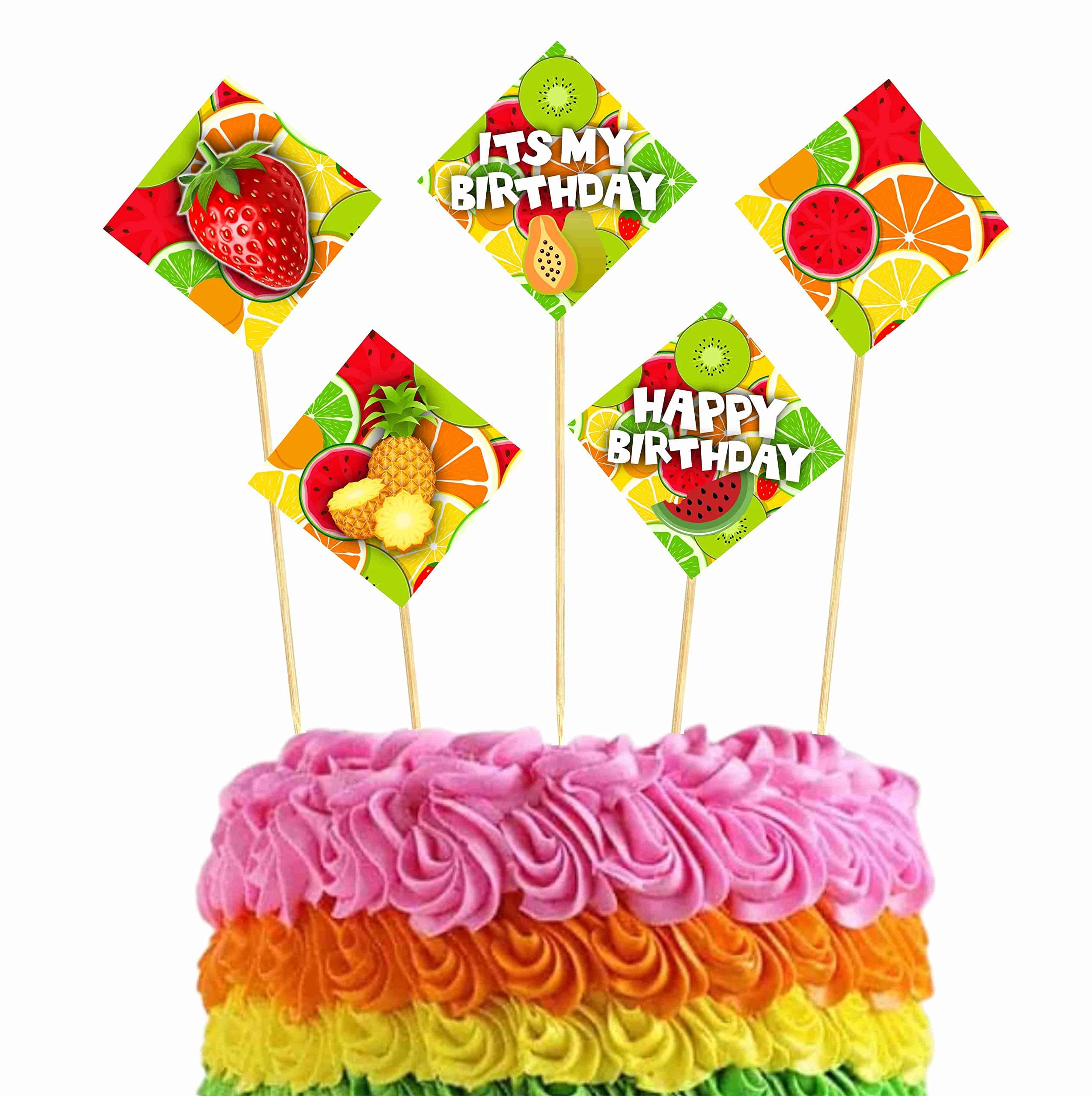 Balloonistics Fruit Theme Happy Birthday Cake Toppers (Pack of 10) - Sweet "Tutti Frutti" Birthday Cake Decorations - Cardstock Dessert Picks for Kids & Summer Parties