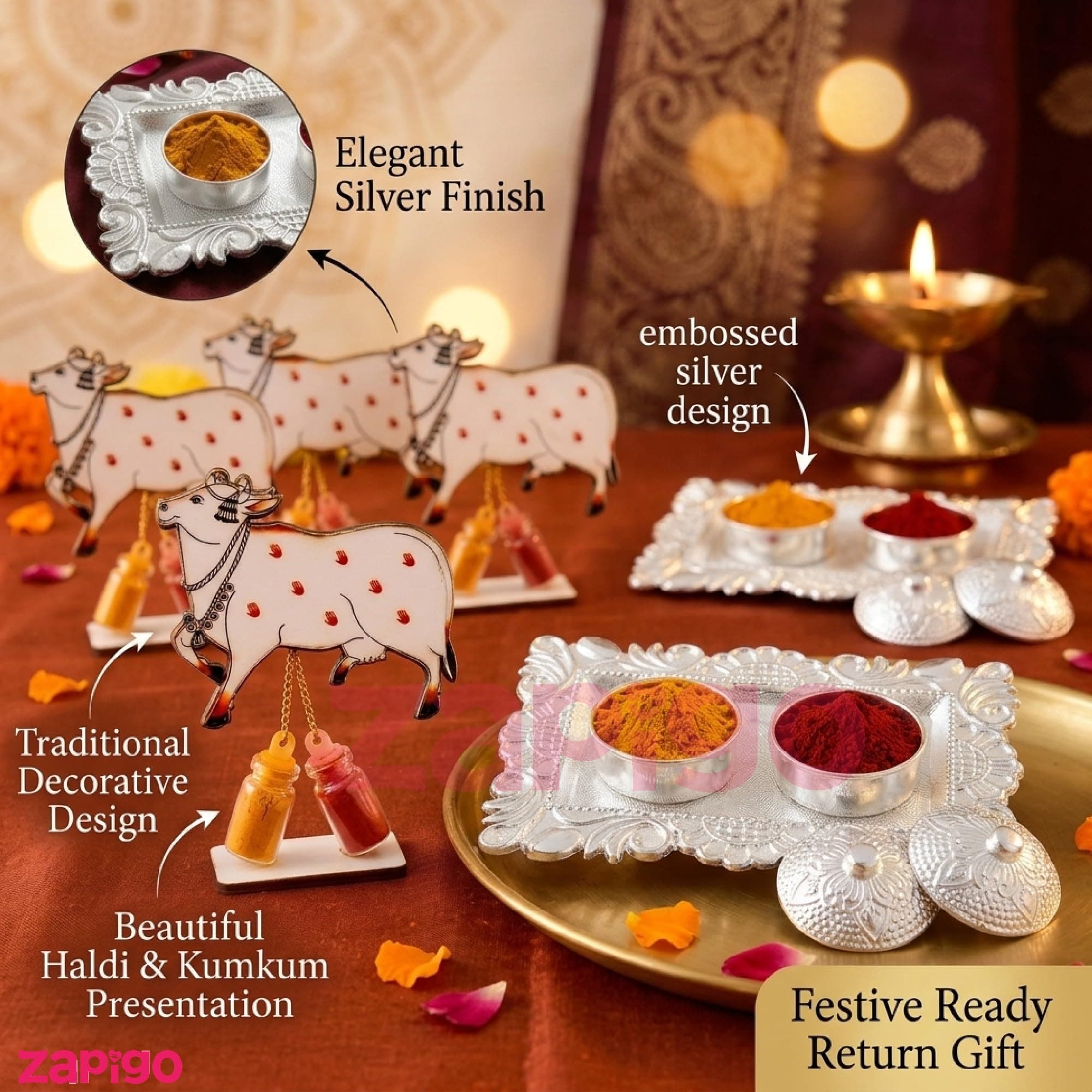 Habba Cow Design Haldi Kumkum Set with Silver Kumkum Holder, Traditional Pasupu Kumkuma Gift for Pooja, Diwali, Navratri, Wedding, Housewarming & Tambulam Return Gifts - Pack of 5 thumbnail 4