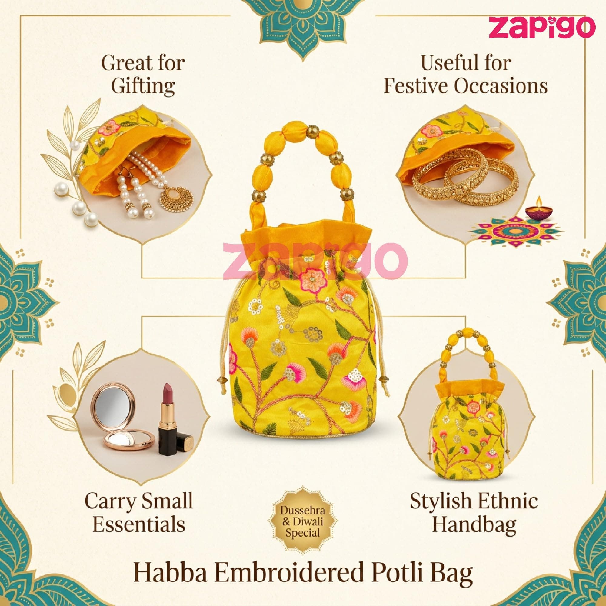 Habba Embroidered Potli Bag with Handle, Drawstring Closure, Compact Ethnic Festive Shagun & Return Gift Bag for Women, Weddings, Mehendi, Engagement, Diwali, Navratri, Baby Shower, Pack of 10 thumbnail 7