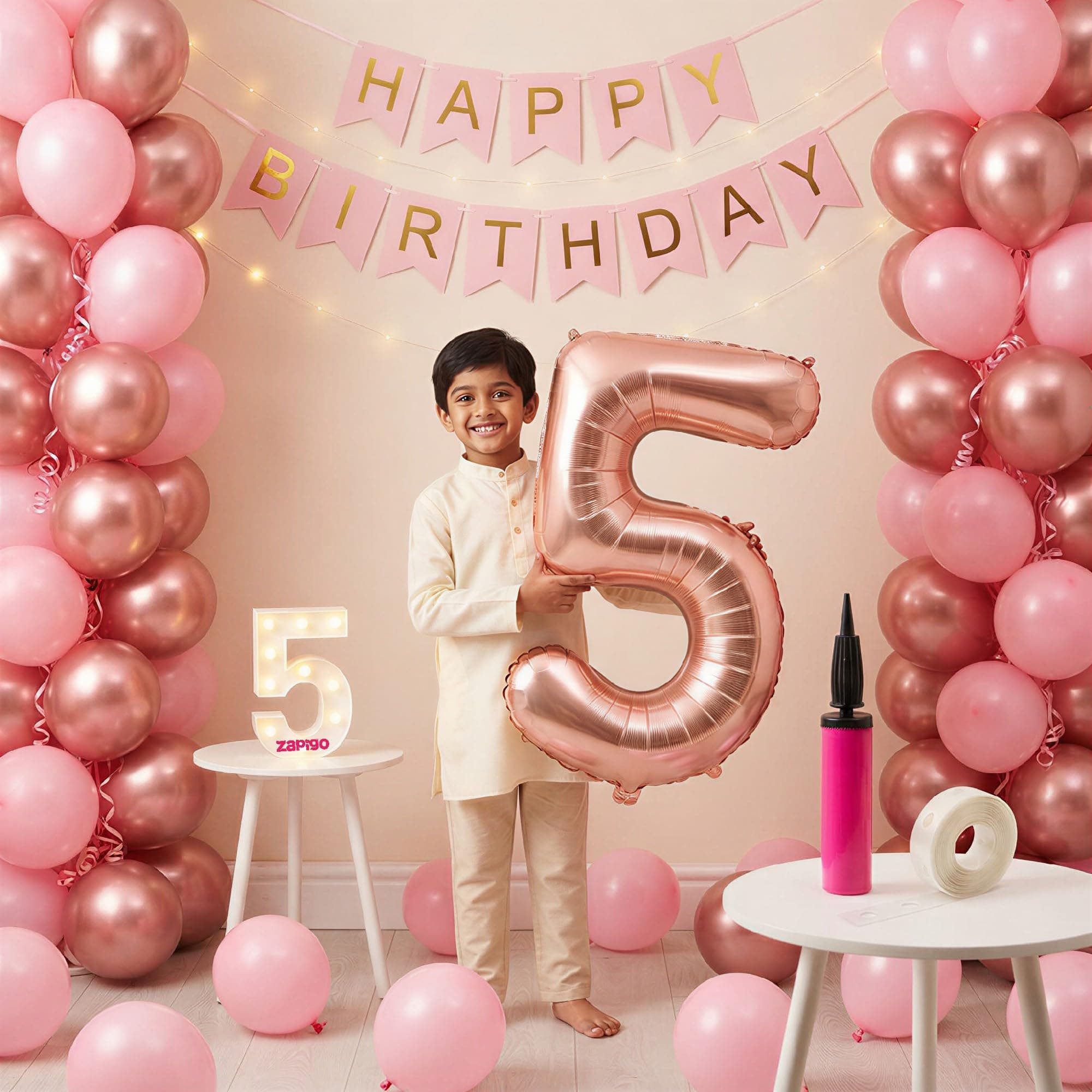Balloonistics 5th Birthday Decoration Combo Kit - 40 Inch Rose Gold Foil Number Balloon, LED Marquee Light, 50 Rose Gold & Pink Balloons, Happy Birthday Banner, Balloon Pump & Glue Dots