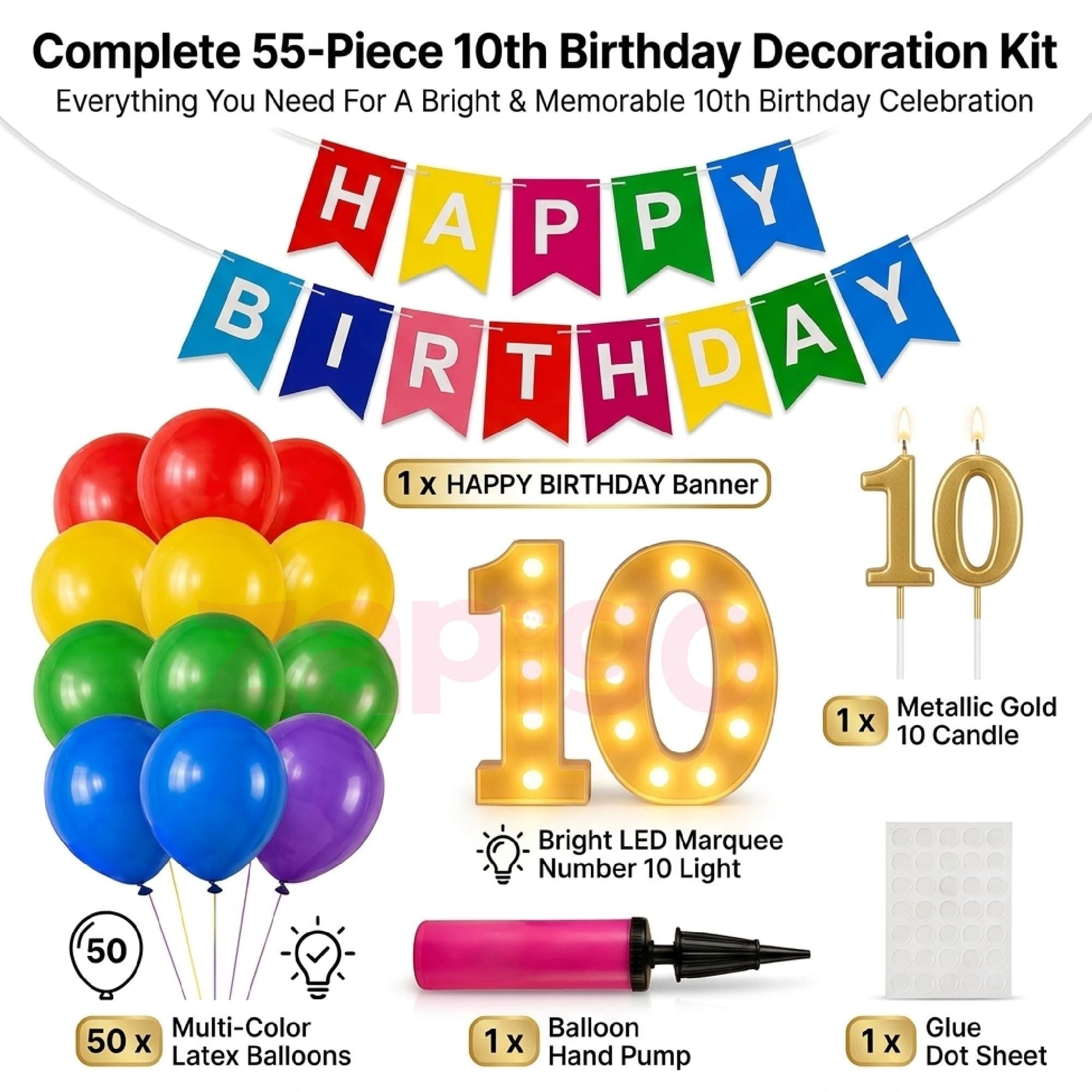 Balloonistics 55 Pcs 10th Birthday Decoration Kit – Number 10 Foil Balloons, Happy Birthday Banner, Latex Balloons & Arch Tools for Party Decorations, Milestone Celebrations, Photo Booth Backdrop thumbnail 5