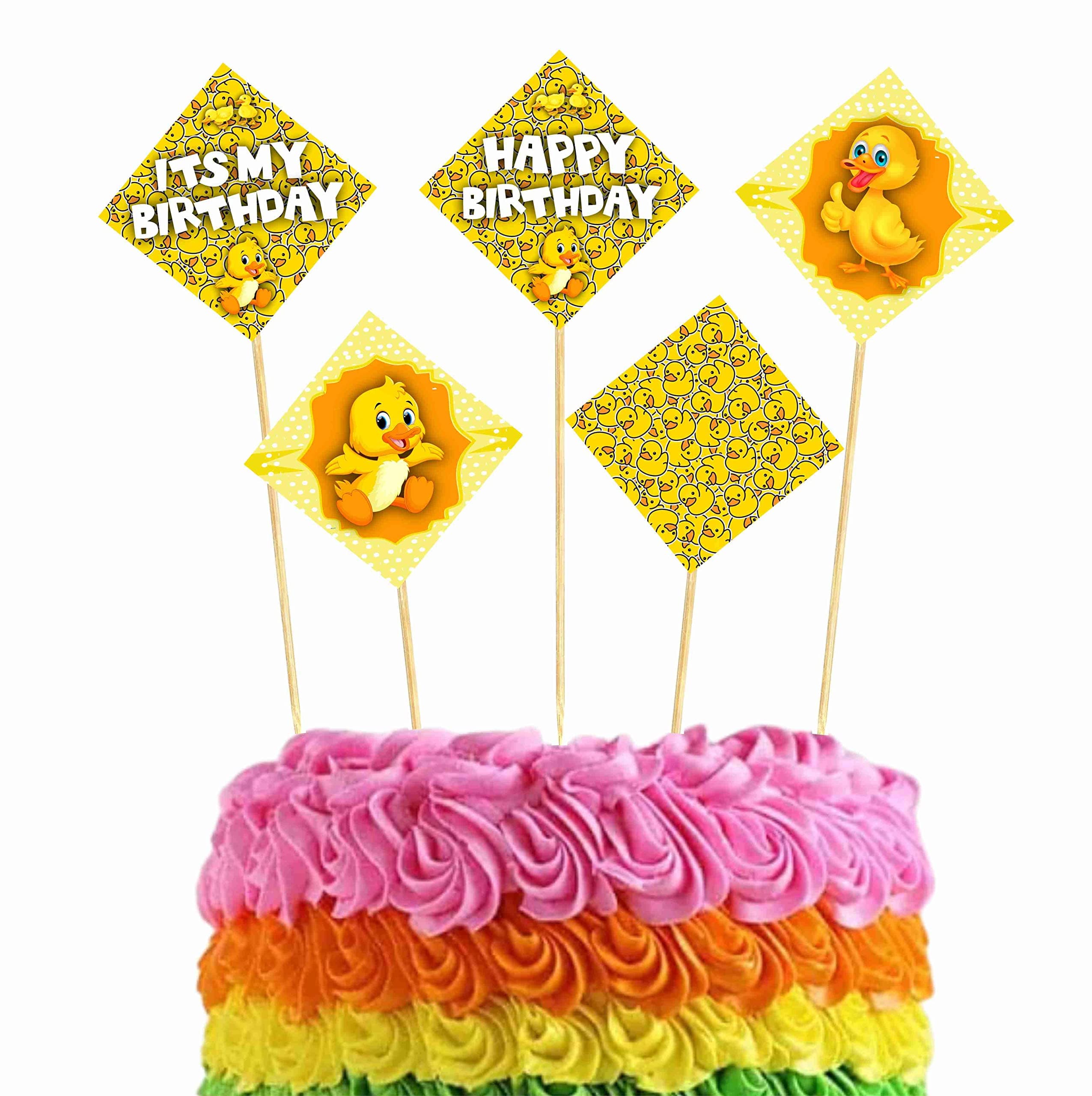 Balloonistics Duck Theme Happy Birthday Cake Toppers - Pack of 10 Rubber Ducky Birthday Decorations - Premium Cardstock Double-Sided Yellow Ducky & Bubble Picks