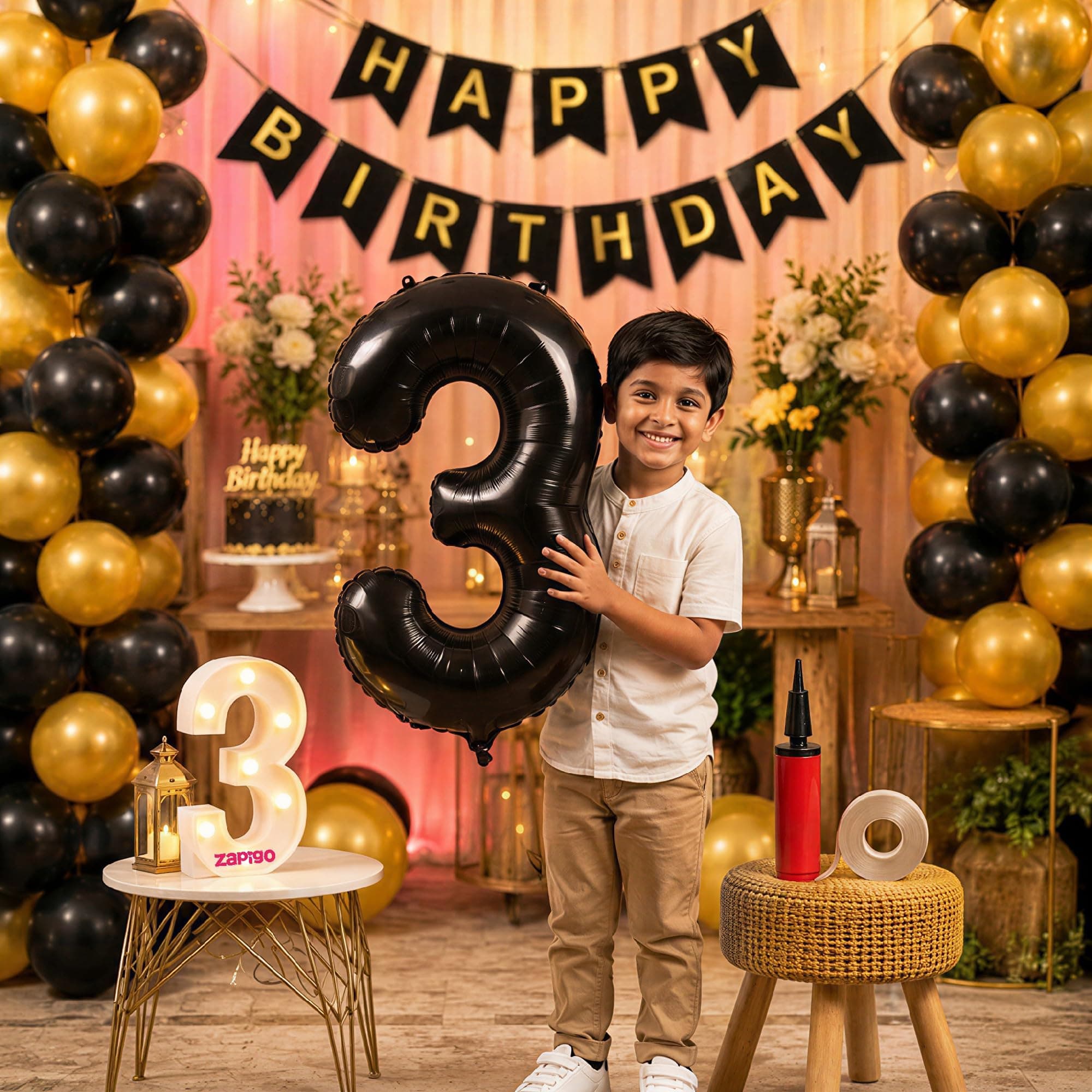 Balloonistics 3rd Birthday Decoration Combo Kit - 40 Inch Black Foil Number Balloon, LED Marquee Light, 50 Black & Gold Balloons, Happy Birthday Banner, Balloon Pump & Glue Dots thumbnail 1