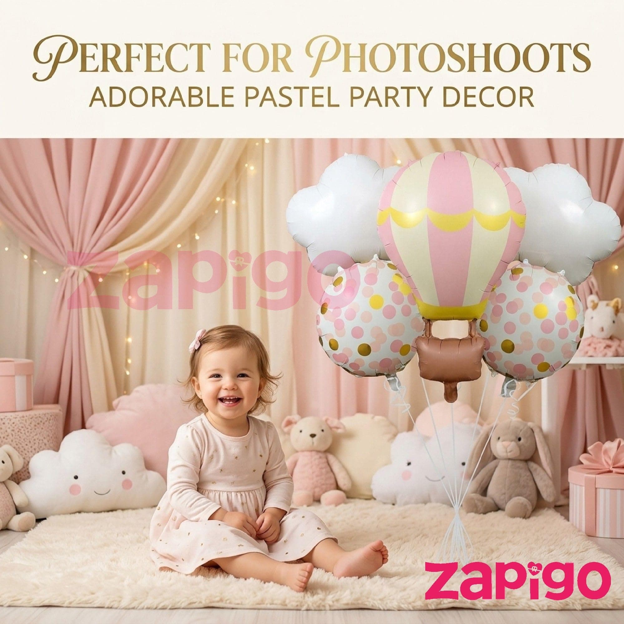 Balloonistics Pink Hotair Balloon And Clouds 1St Birthday Pink Cloud Theme Happy Birthday Balloon Bouquet Pack Of 5 thumbnail 5