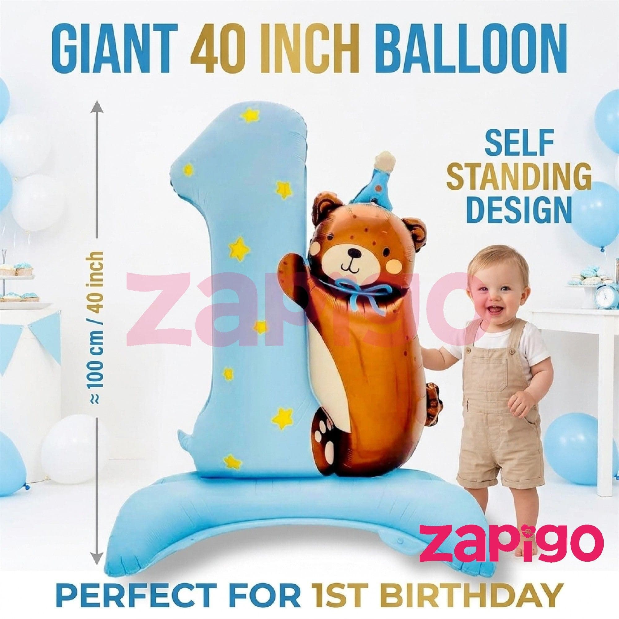 Balloonistics Number 1 Self Standing Blue Foil Balloon With Teddy Bear thumbnail 2