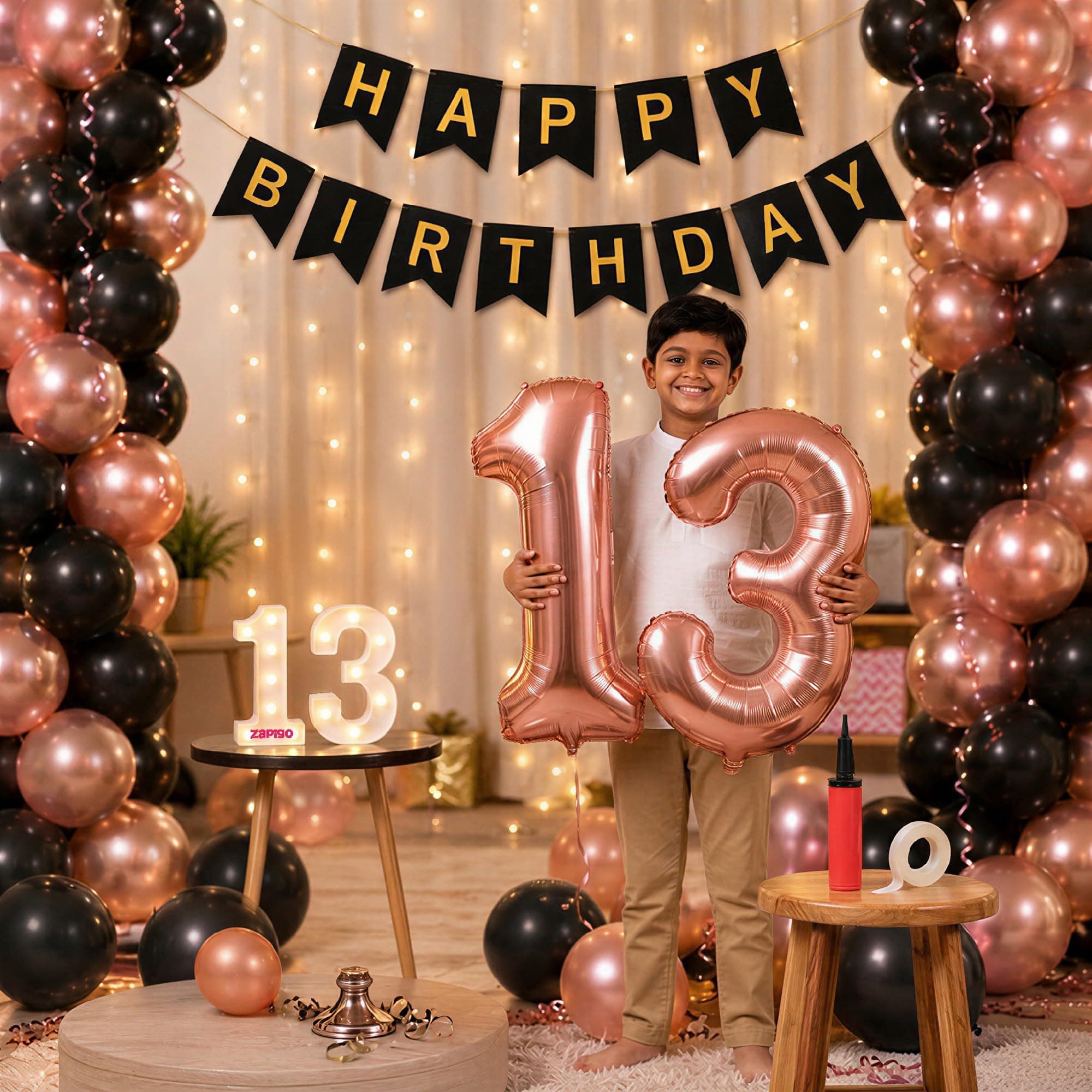 Balloonistics 13th Birthday Decoration Combo Kit - 40 Inch Rose Gold Foil Number Balloon, LED Marquee Light, 50 Rose Gold & Black Balloons, Happy Birthday Banner, Balloon Pump & Glue Dots