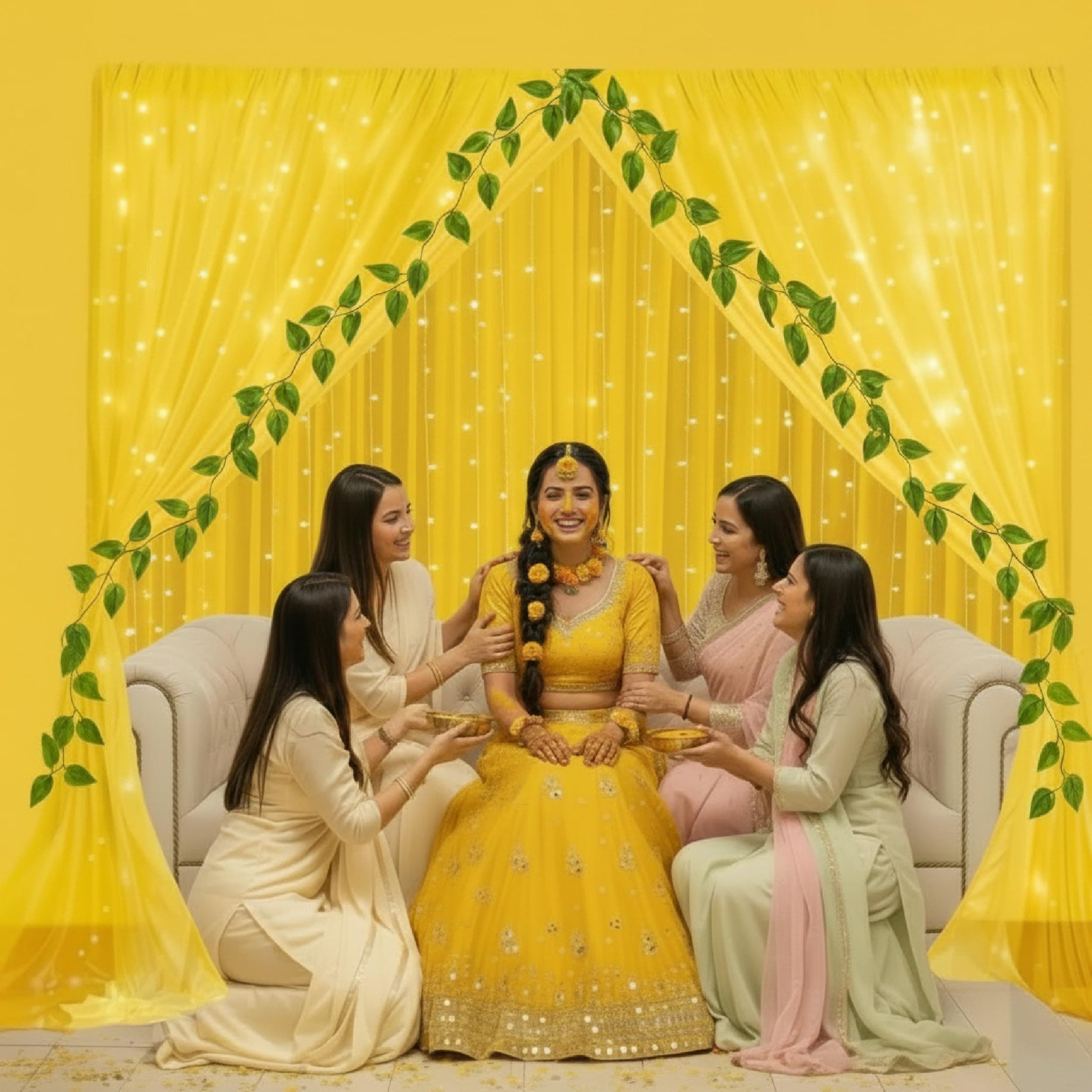 Balloonistics 8 Pcs Haldi Backdrop Decoration Kit – Vibrant Yellow Net Curtains with Money Plant Vines, Hooks & Ribbon – DIY Home Celebration Set for Haldi, Mehendi & Pooja thumbnail 2