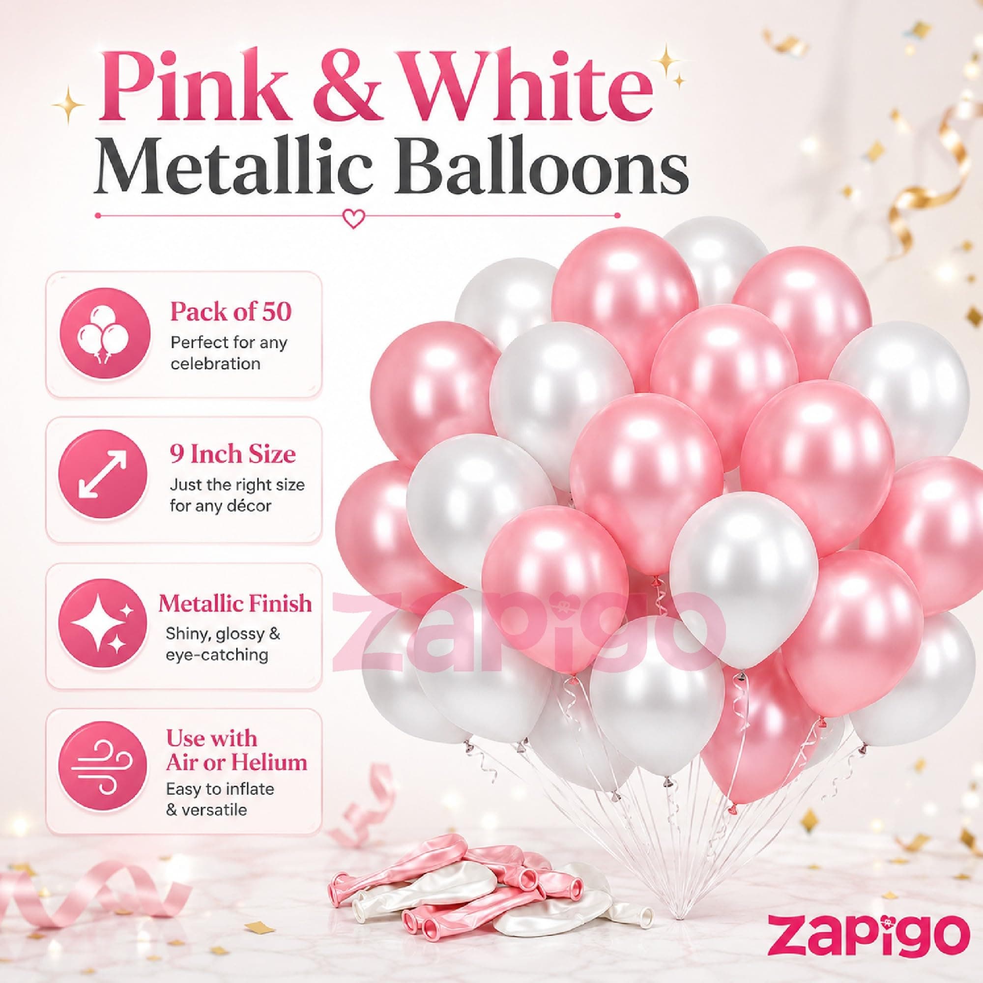 Balloonistics 50-Pack Metallic HD Pink & White Latex Balloons – Shiny Combo for Girls Birthday, Baby Shower, Bridal Shower & Soft Feminine Party Decoration thumbnail 5