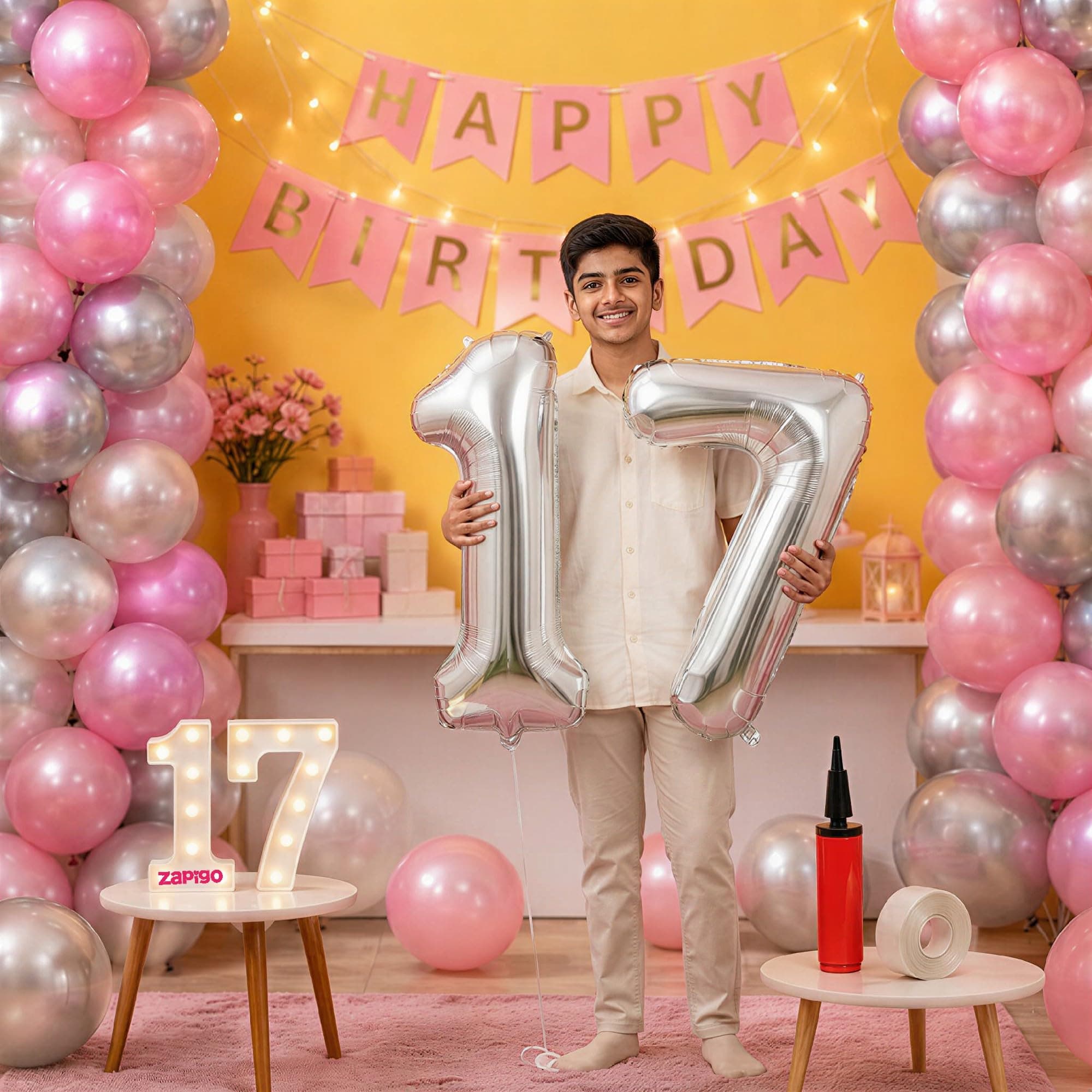 Balloonistics 17th Birthday Decoration Combo Kit - 40 Inch Silver Foil Number Balloon, LED Marquee Light, 50 Silver & Pink Balloons, Happy Birthday Banner, Balloon Pump & Glue Dots thumbnail 1