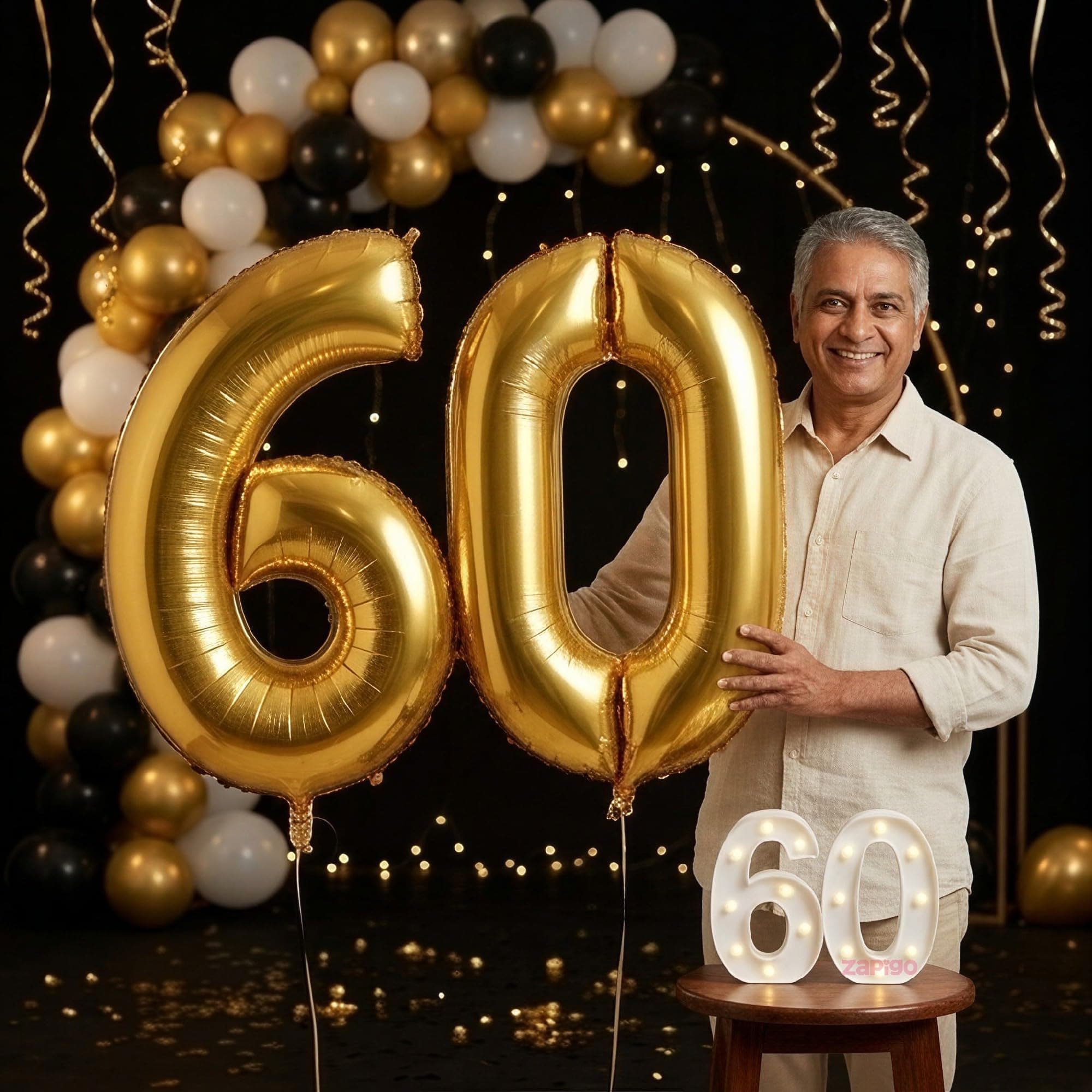 Balloonistics Gold 40-Inch Foil Number 60 Balloon with Matching LED Marquee Light - Combo Set for 60th Birthday, Anniversary, Party Decoration, Photo Booth Backdrop thumbnail 1