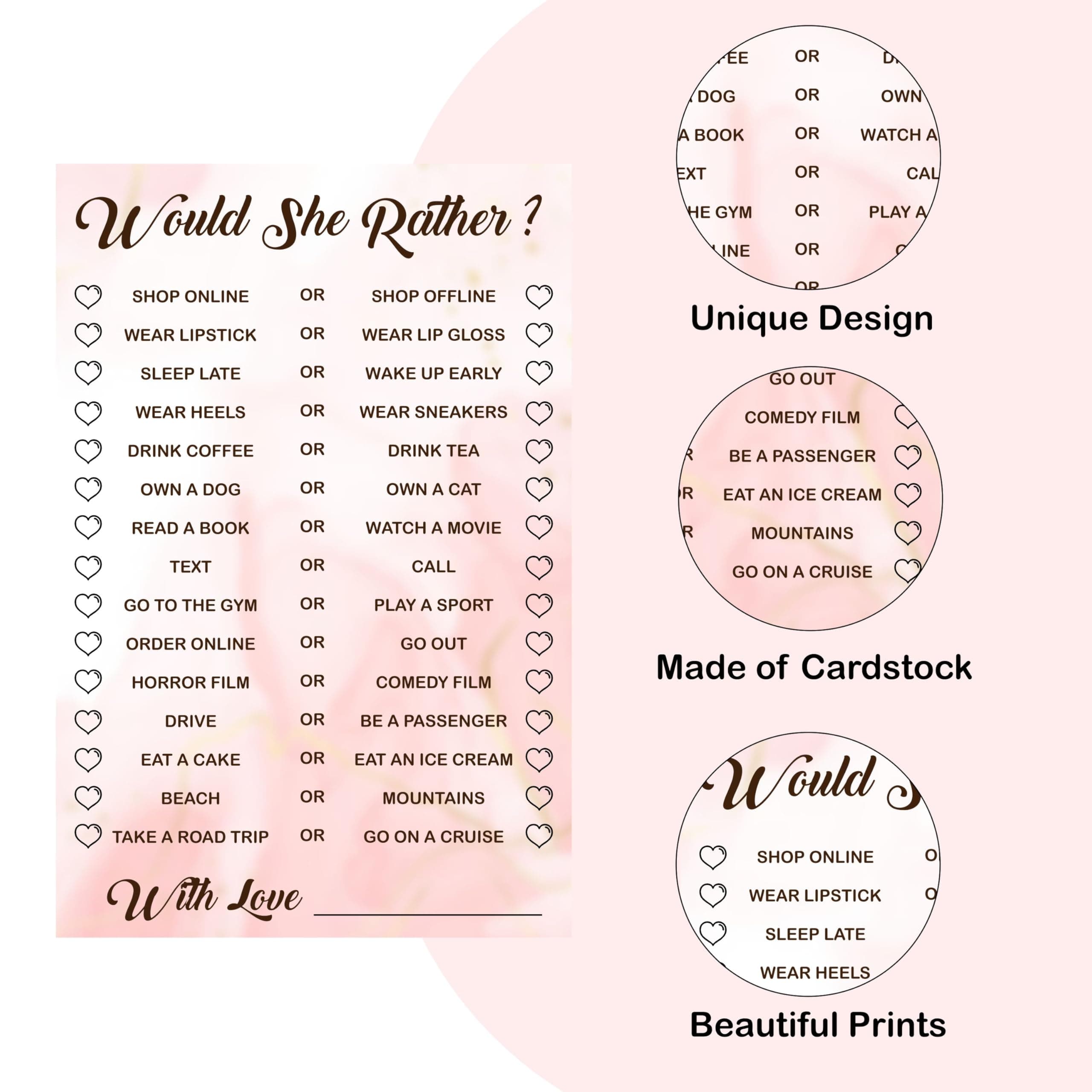 Balloonistics “Would She Rather?” Bridal Shower Game Cards – Pack of 10 – Elegant Pink & Gold Activity Cards for Hen Parties, Weddings & Bachelorette Celebrations – Premium Cardstock thumbnail 6
