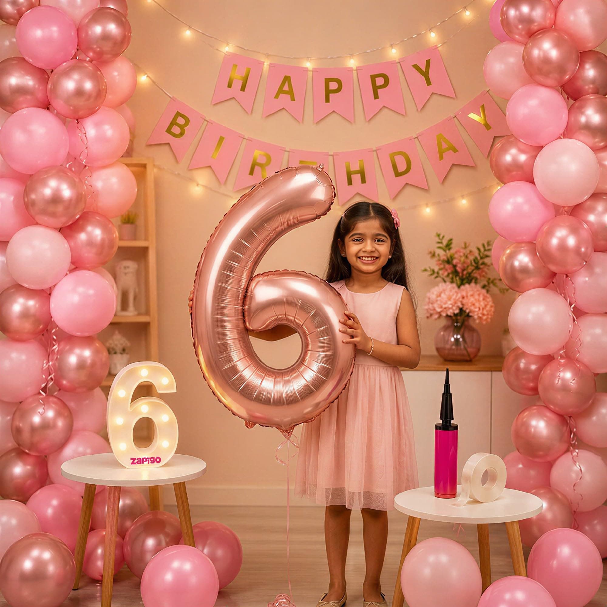 Balloonistics 6th Birthday Decoration Combo Kit - 40 Inch Rose Gold Foil Number Balloon, LED Marquee Light, 50 Rose Gold & Pink Balloons, Happy Birthday Banner, Balloon Pump & Glue Dots thumbnail 1