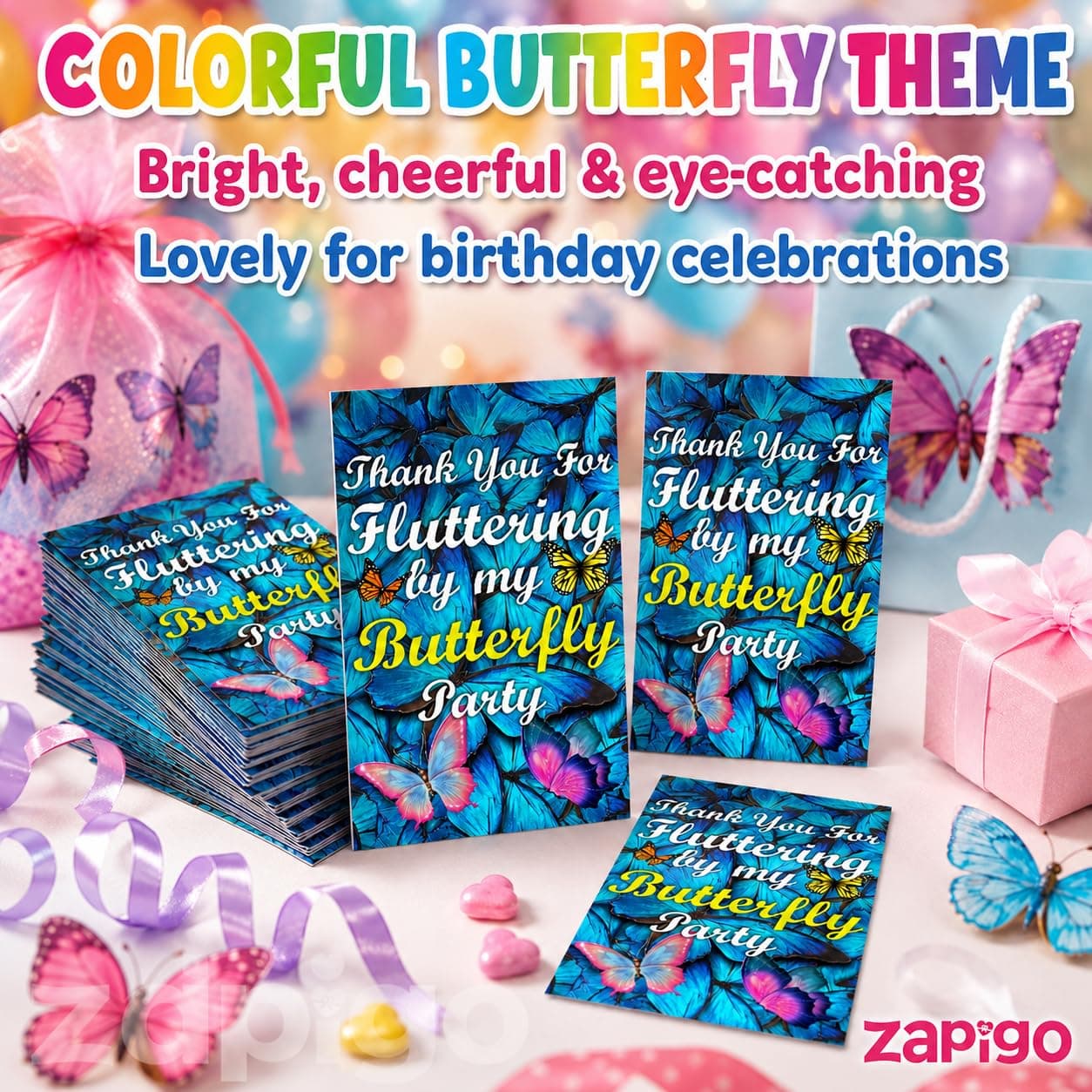 Balloonistics Butterfly Theme Birthday Thank You Cards - Pack of 20 Elegant "Fluttering" Note Cards with Envelopes - Double-Sided Cardstock Fill-in Appreciation Cards for Girls, Enchanted Garden Party Favors (Thank you Cards - Pack of 20) thumbnail 7