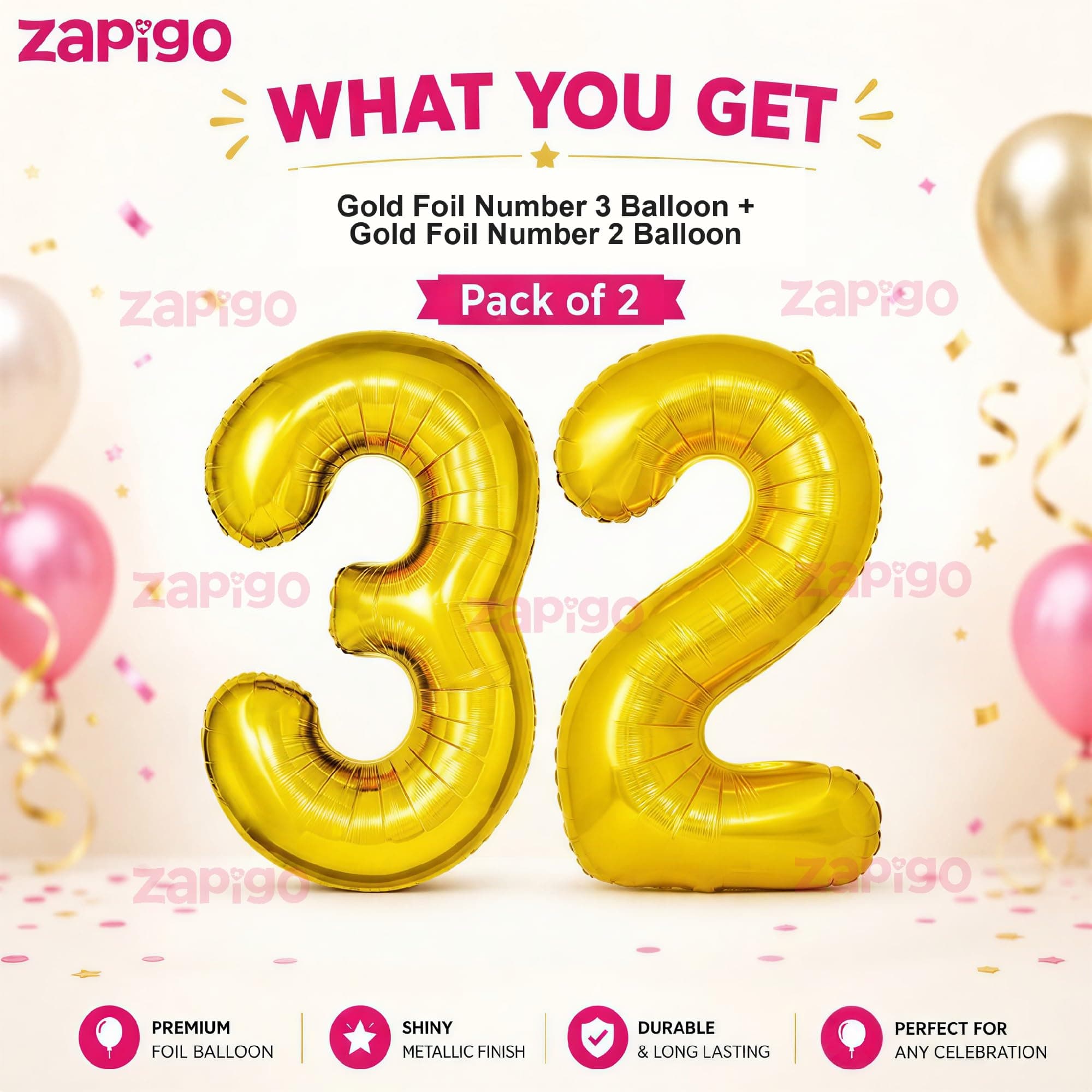 Balloonistics Gold Number 32 Foil Balloon – Large Metallic Gold Number Thirty Two Balloon for 32nd Birthday, Anniversary & Party Decorations (Gold, Number 32) thumbnail 2