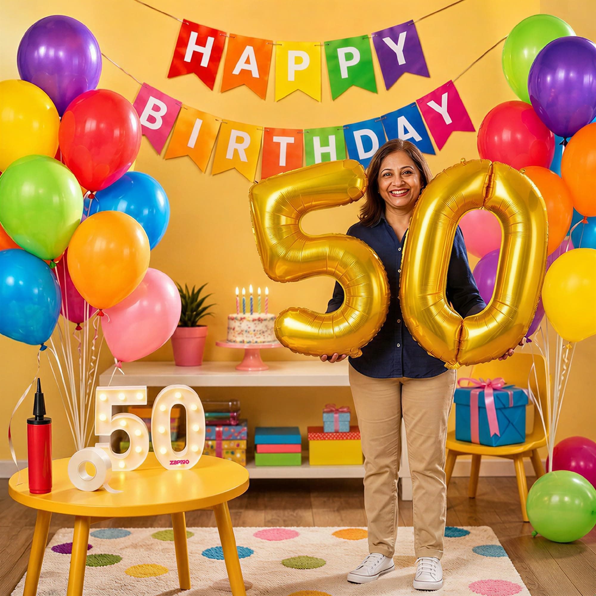 Balloonistics 50th Birthday Decoration Combo Kit - 40 Inch Gold Foil Number Balloon, LED Marquee Light, 50 Multicolor Balloons, Happy Birthday Banner, Balloon Pump & Glue Dots