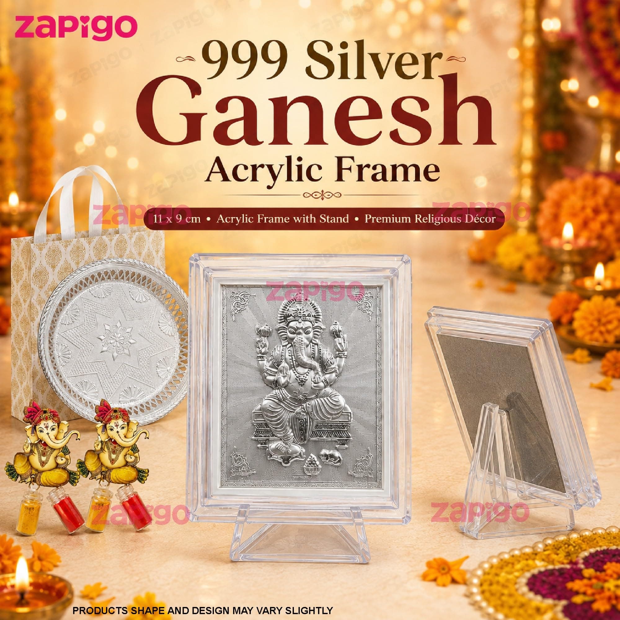 Habba Ganesha Frame Pooja Return Gift Combo with Ganesha Kumkum, Silver Plate & Festive Bag, Traditional Haldi Kumkum Tambulam Hamper for Ganesh Chaturthi, Weddings & Festivals, Pack of 5 thumbnail 4
