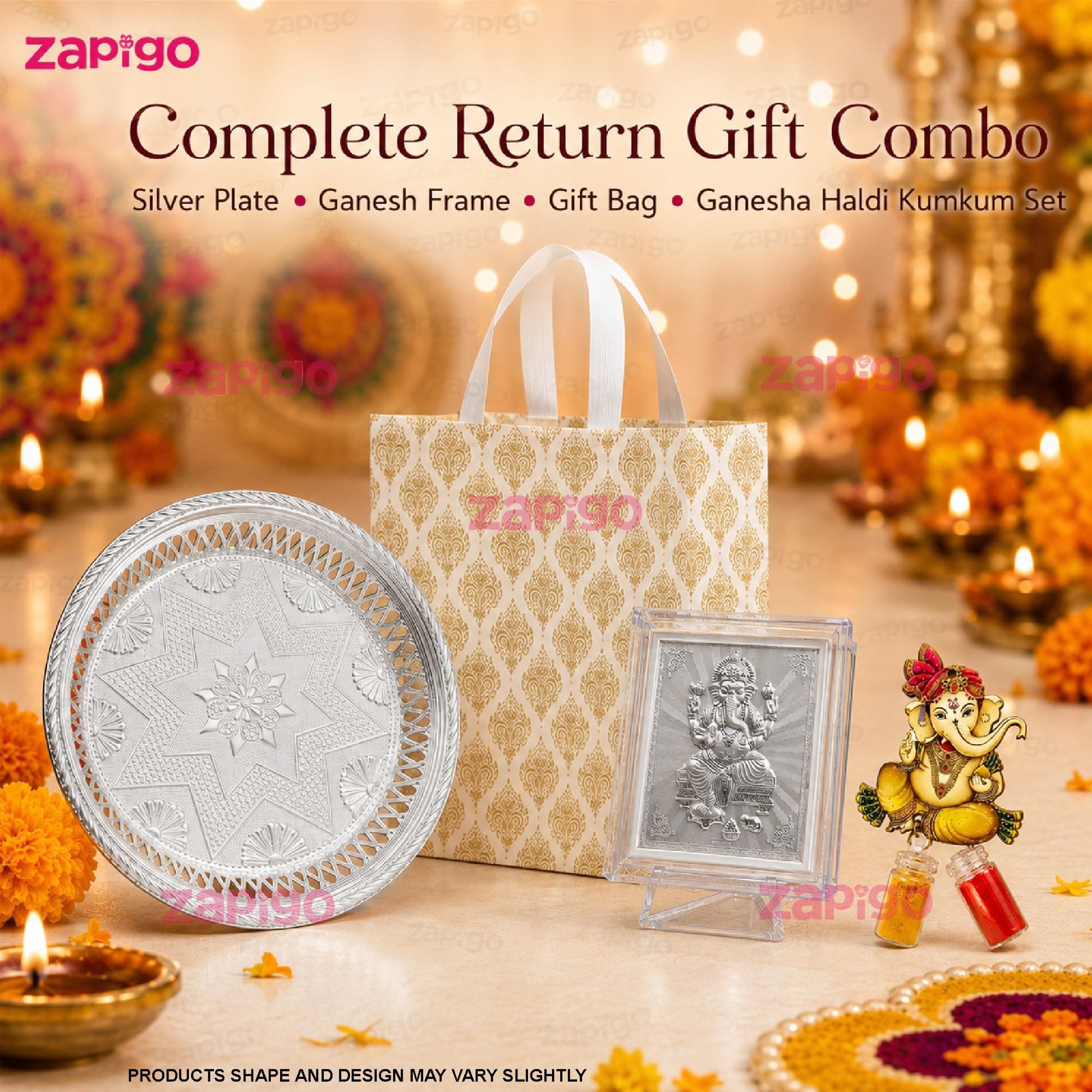 Habba Ganesha Frame Pooja Return Gift Combo with Ganesha Kumkum, Silver Plate & Festive Bag, Traditional Haldi Kumkum Tambulam Hamper for Ganesh Chaturthi, Weddings & Festivals, Pack of 5 thumbnail 2