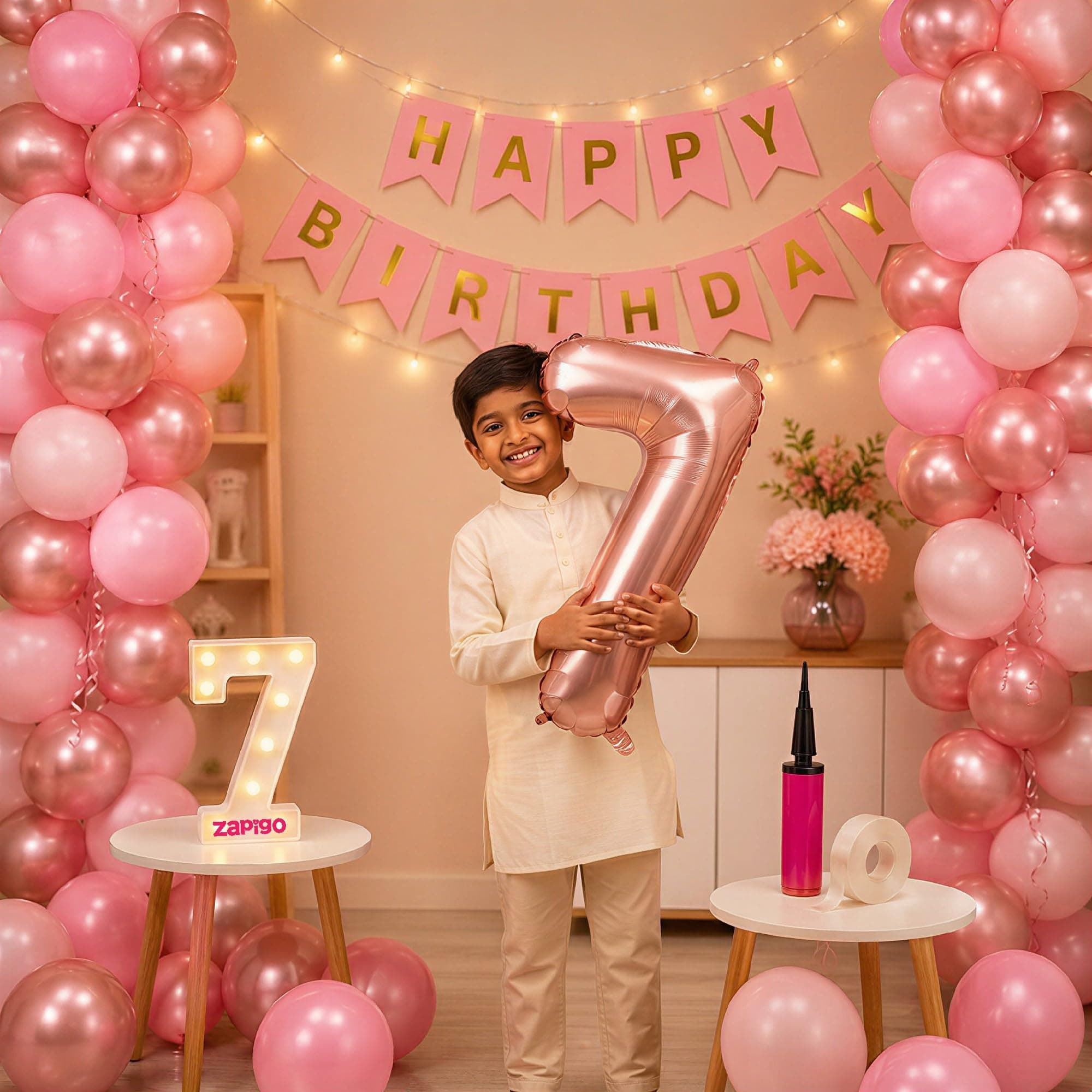 Balloonistics 7th Birthday Decoration Combo Kit - 40 Inch Rose Gold Foil Number Balloon, LED Marquee Light, 50 Rose Gold & Pink Balloons, Happy Birthday Banner, Balloon Pump & Glue Dots thumbnail 1