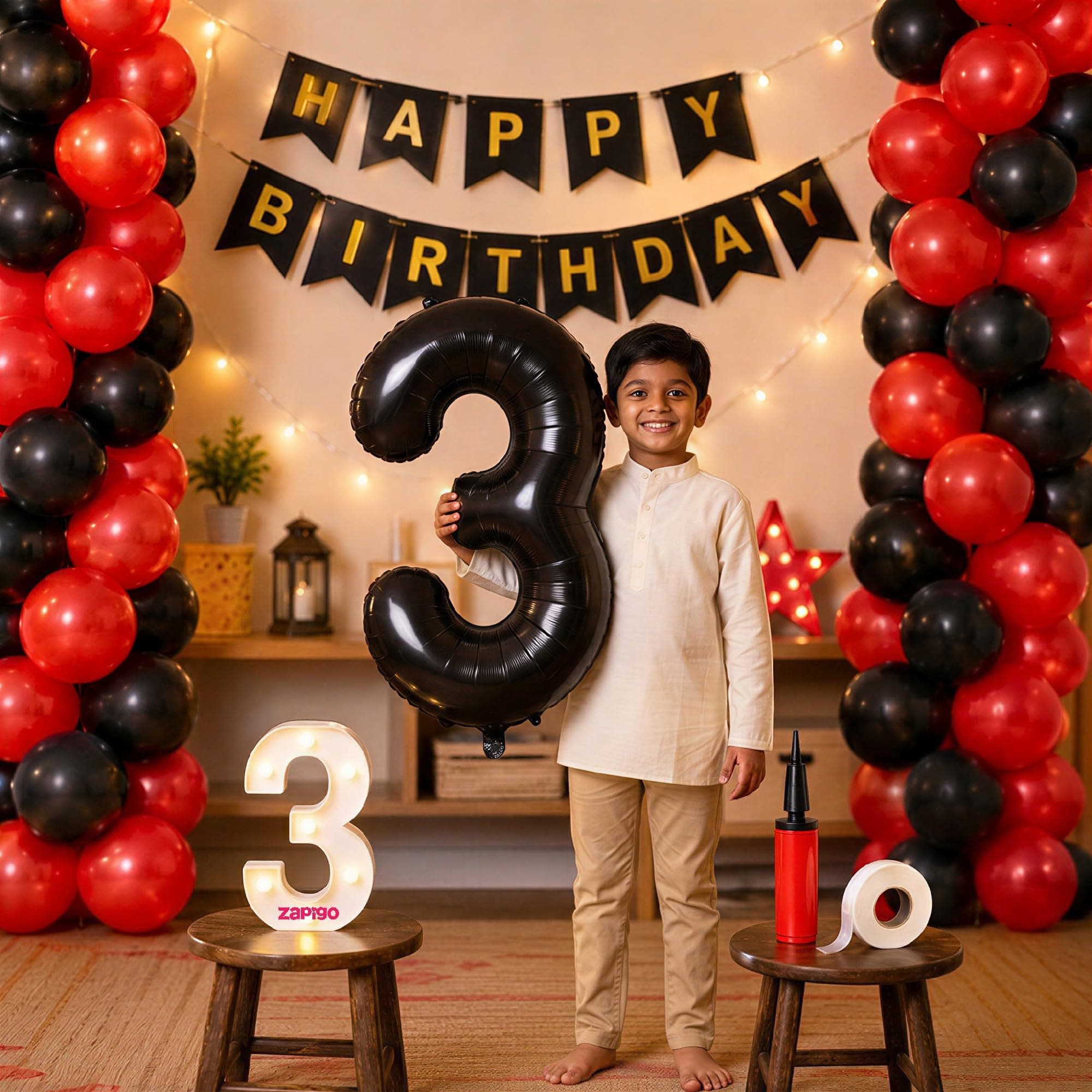 Balloonistics 3rd Birthday Decoration Combo Kit - 40 Inch Black Foil Number Balloon, LED Marquee Light, 50 Black & Red Balloons, Happy Birthday Banner, Balloon Pump & Glue Dots thumbnail 1