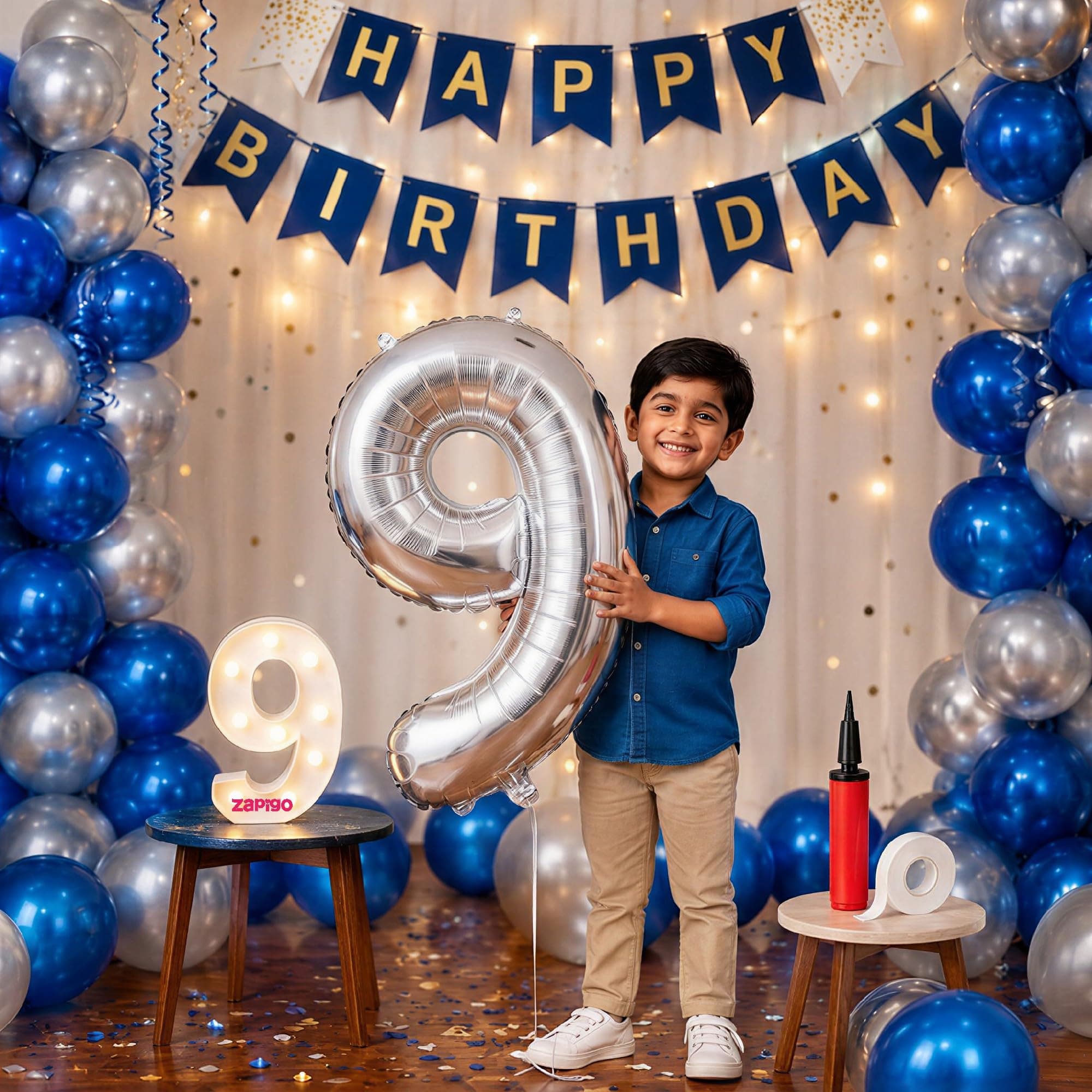 Balloonistics 9th Birthday Decoration Combo Kit - 40 Inch Silver Foil Number Balloon, LED Marquee Light, 50 Silver & Blue Balloons, Happy Birthday Banner, Balloon Pump & Glue Dots