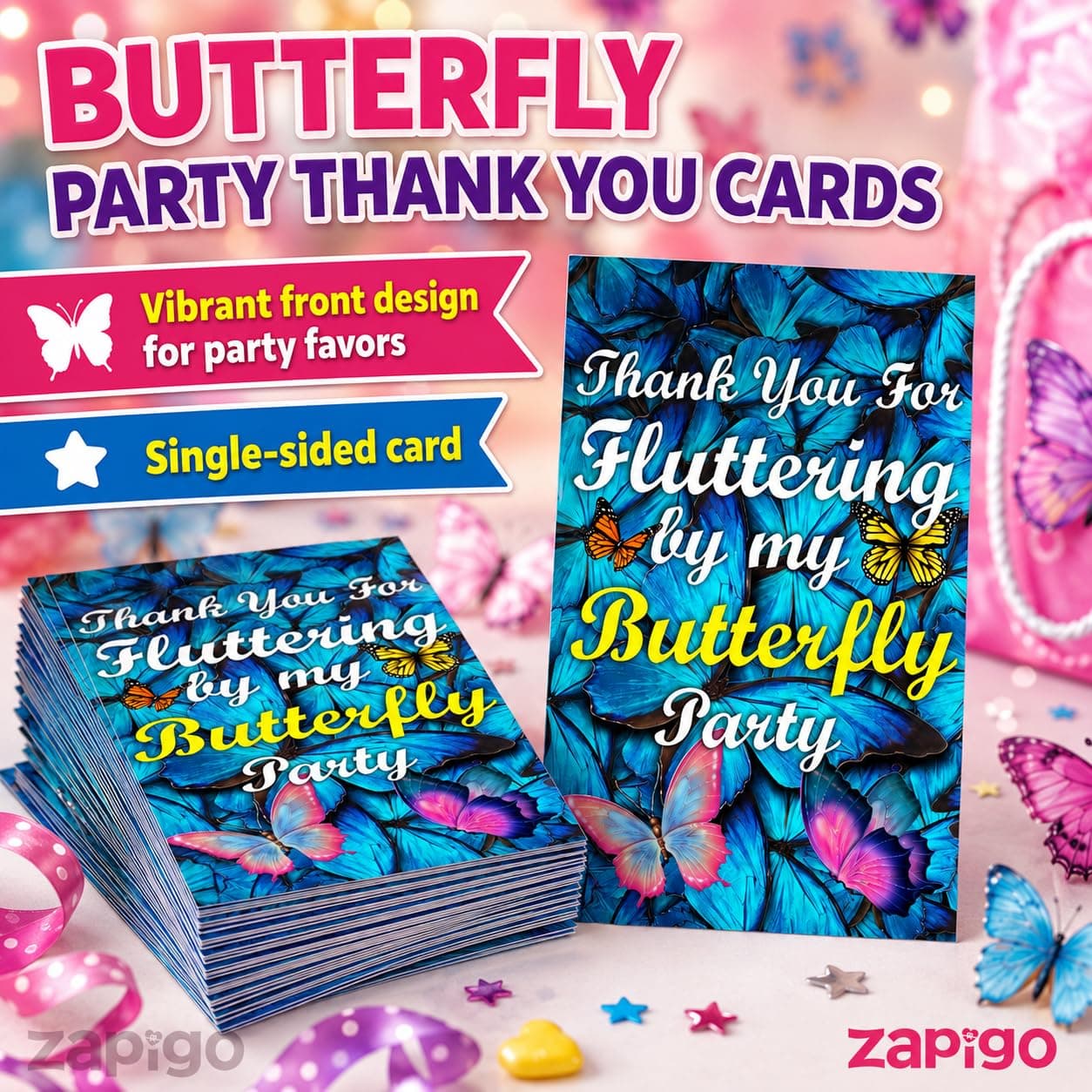 Balloonistics Butterfly Theme Birthday Thank You Cards - Pack of 20 Elegant "Fluttering" Note Cards with Envelopes - Double-Sided Cardstock Fill-in Appreciation Cards for Girls, Enchanted Garden Party Favors (Thank you Cards - Pack of 20) thumbnail 2