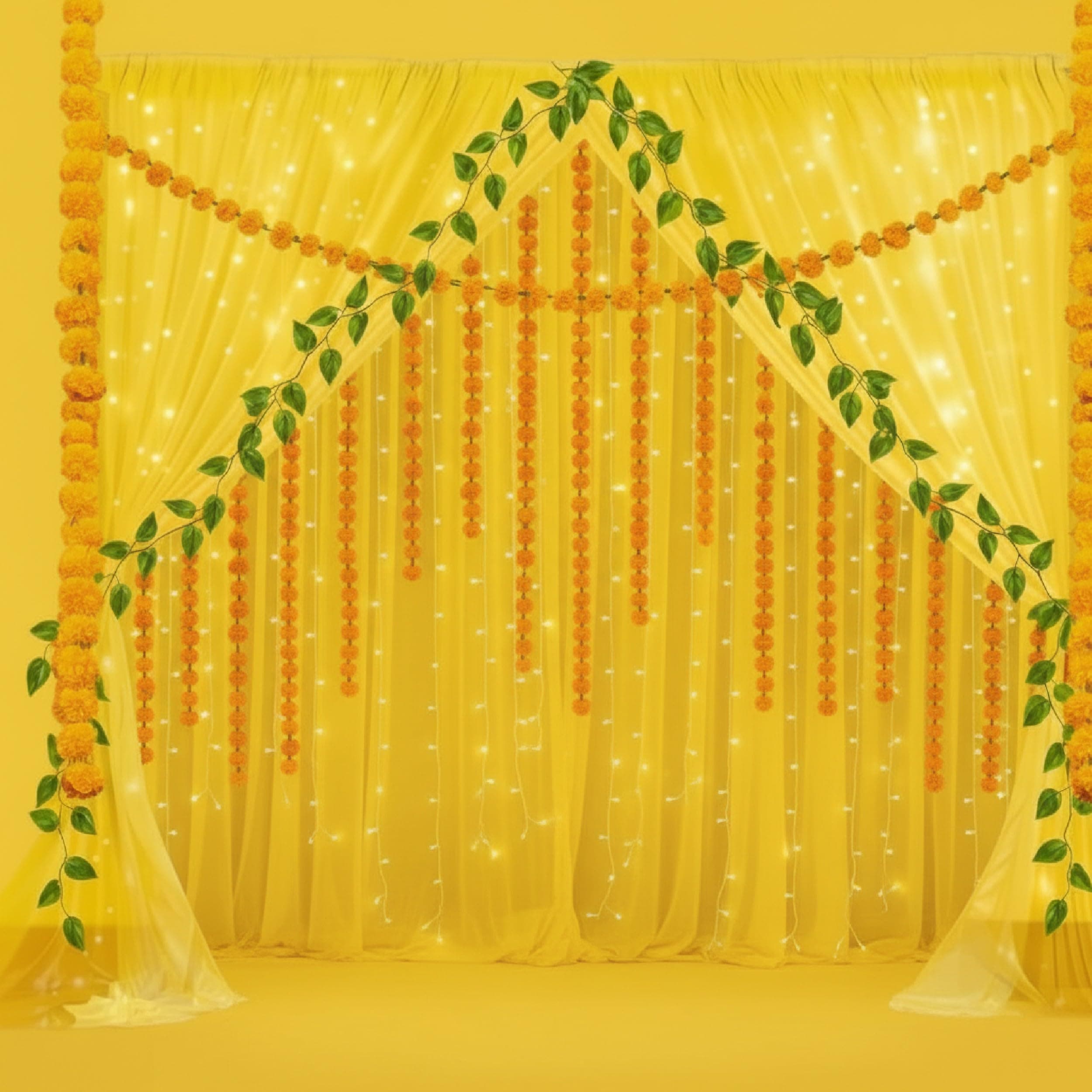 Balloonistics 13 Pcs Haldi & Mehendi Decoration Kit – Vibrant Yellow Backdrop Curtains with Marigold Garlands, Money Plant Vines & Easy Install Hooks – DIY Home Celebration Set thumbnail 4